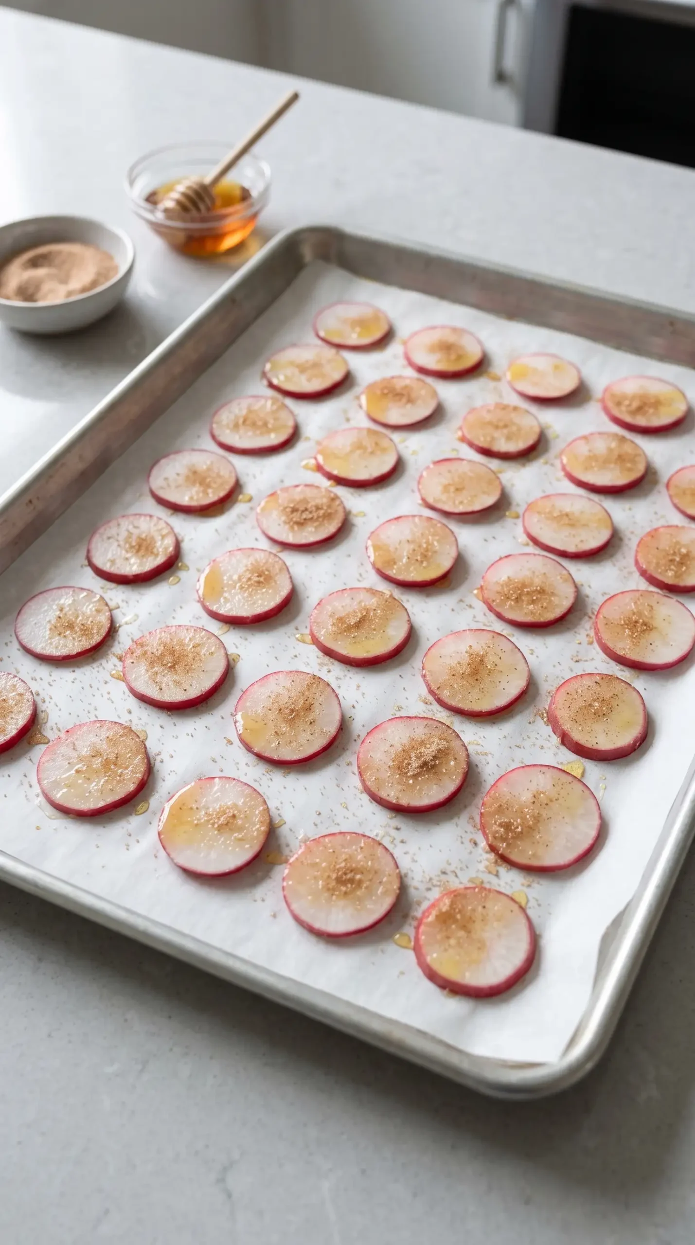 Thin radish slices coated with cinnamon sugar on a parchment-lined baking sheet
