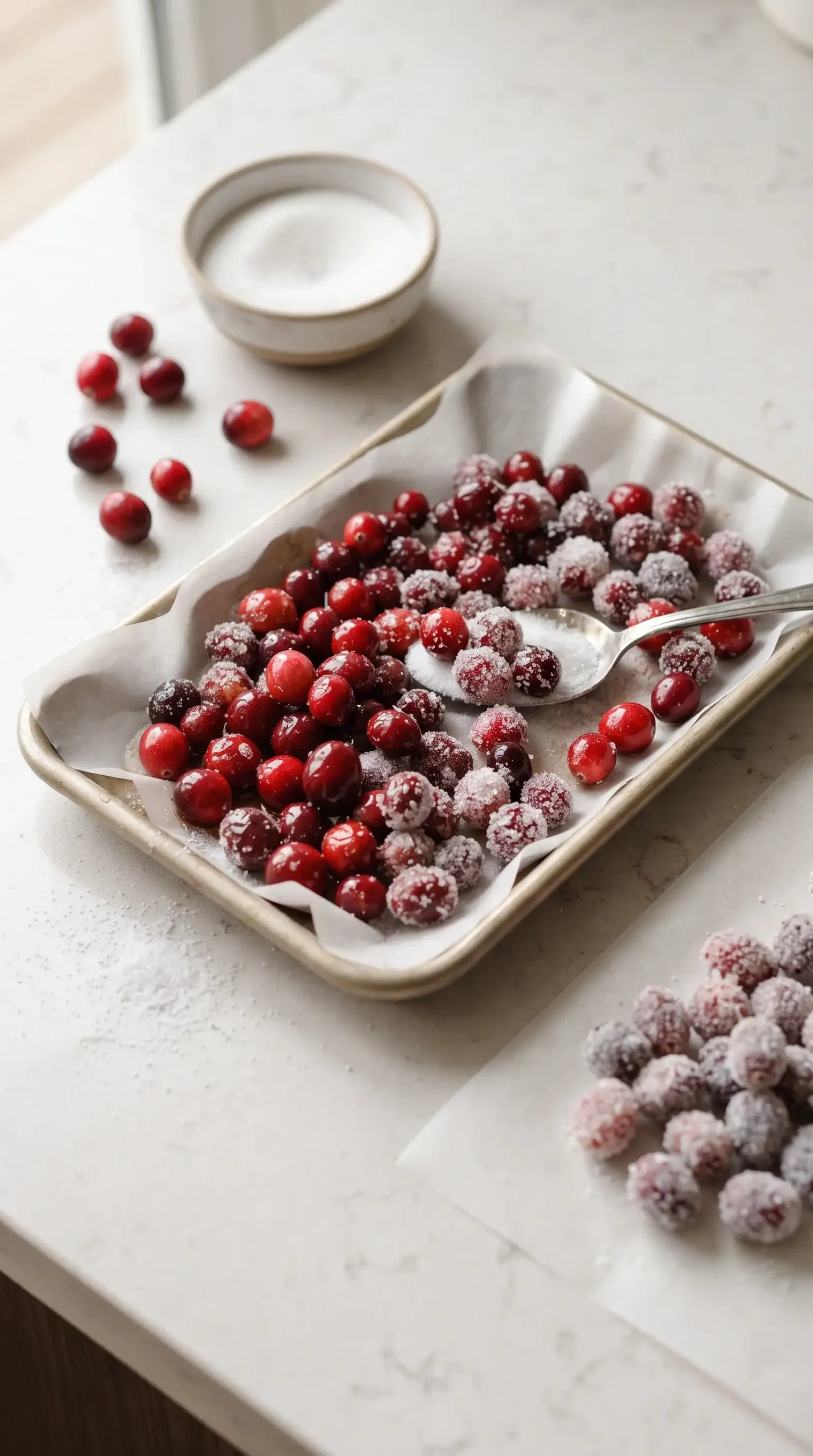 Sugared cranberries being coated with sugar on a parchment-lined tray
