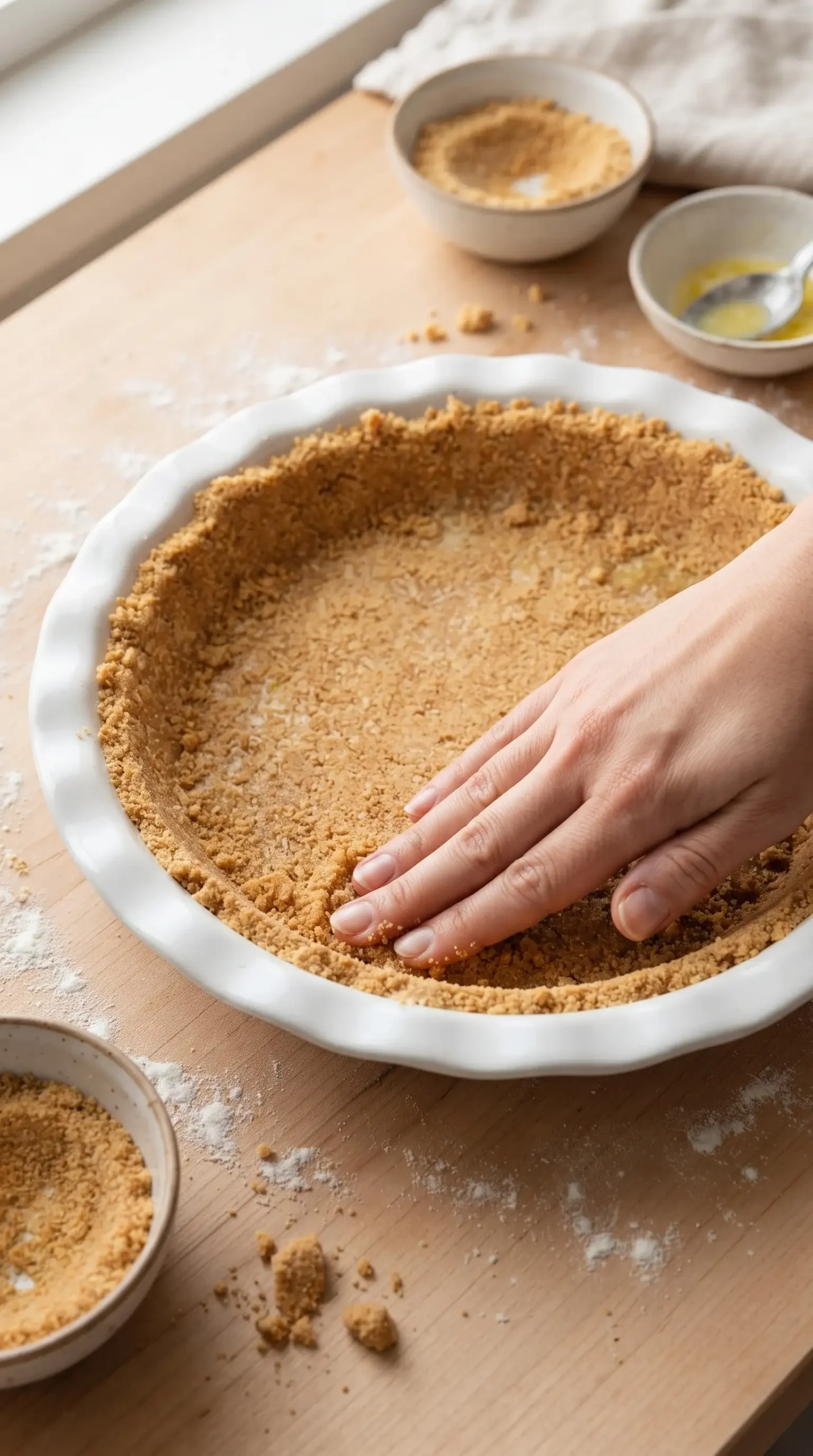 Graham cracker crumb mixture pressed into a pie plate to form the strawberry pie crust