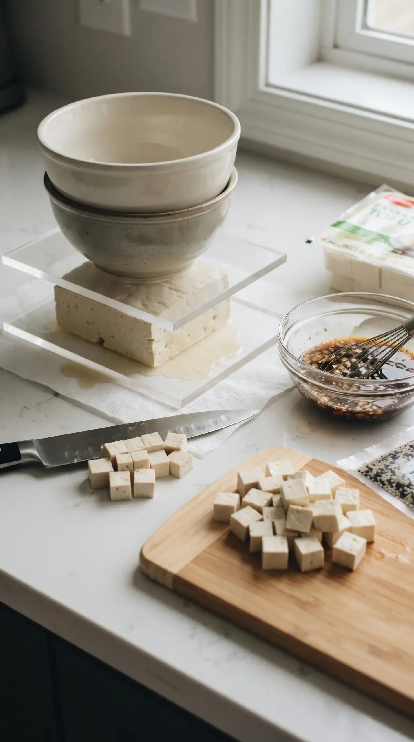 Extra firm tofu being pressed beside tofu cubes and a soy sauce, rice vinegar, agave, and garlic marinade