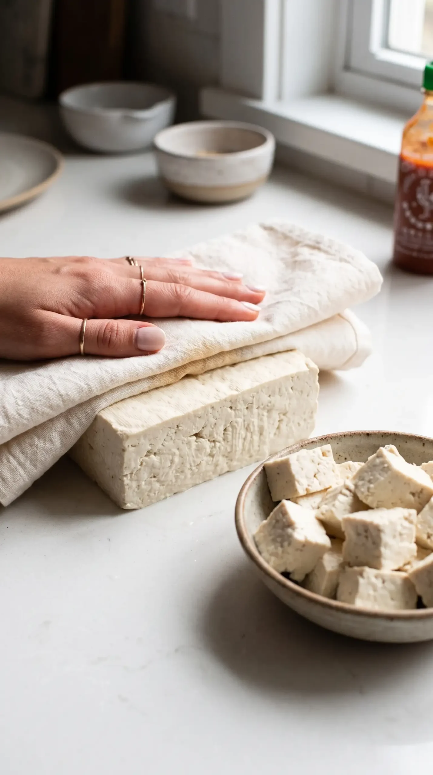 Firm tofu block being pressed with a towel before making crispy buffalo tofu pieces.