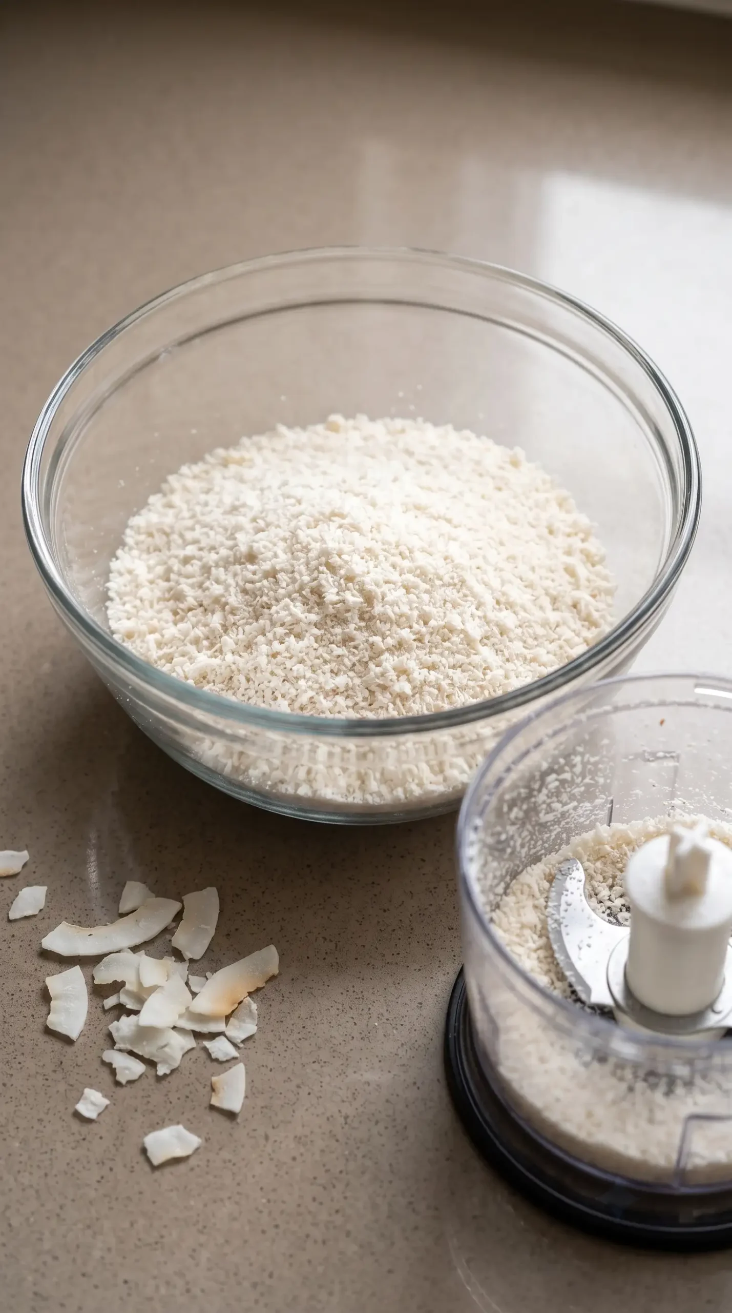 Finely processed desiccated coconut texture in a bowl for coconut bites