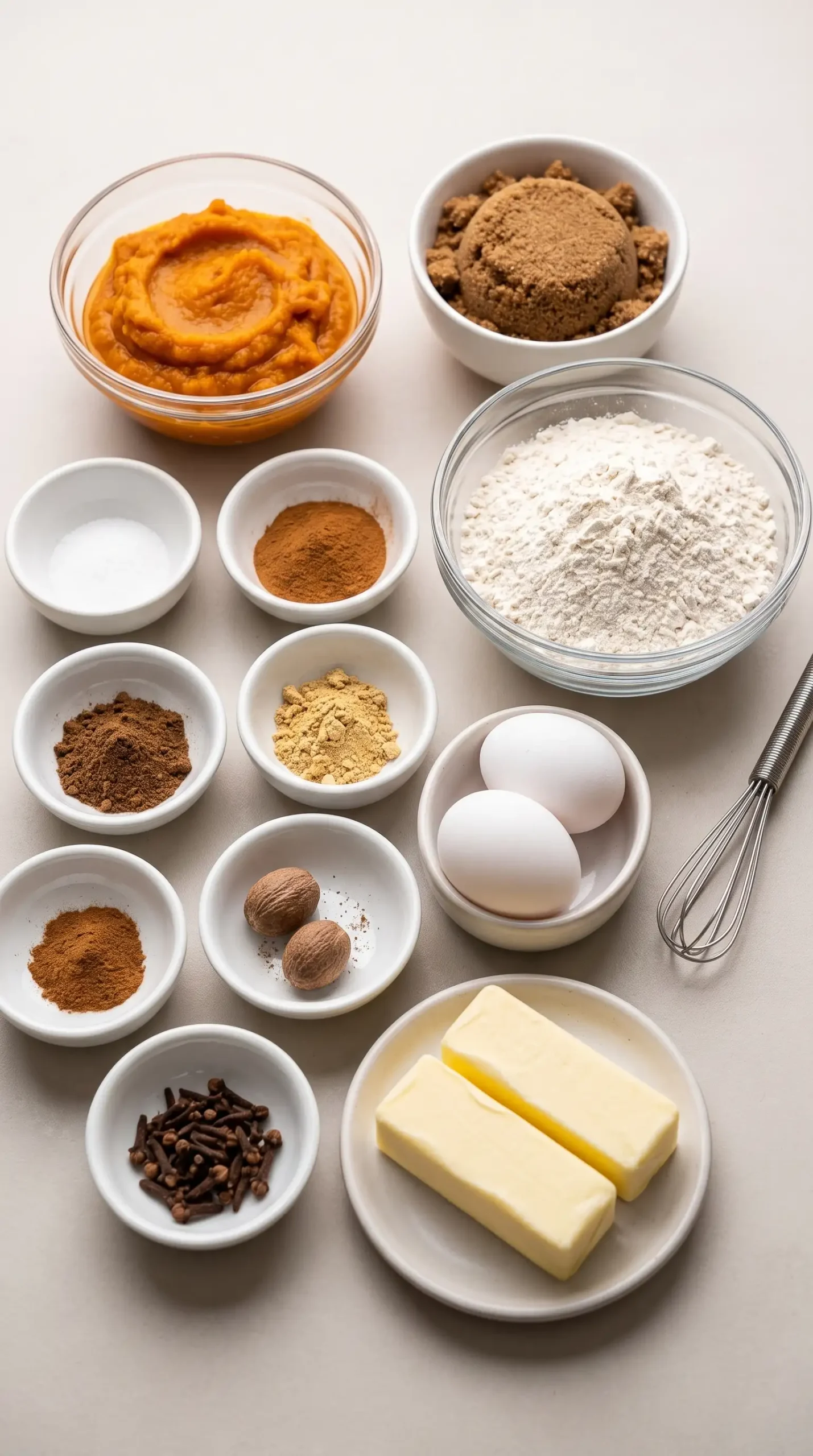 Pumpkin puree, spices, flour, eggs, butter, and sugar arranged for pumpkin coffee cake