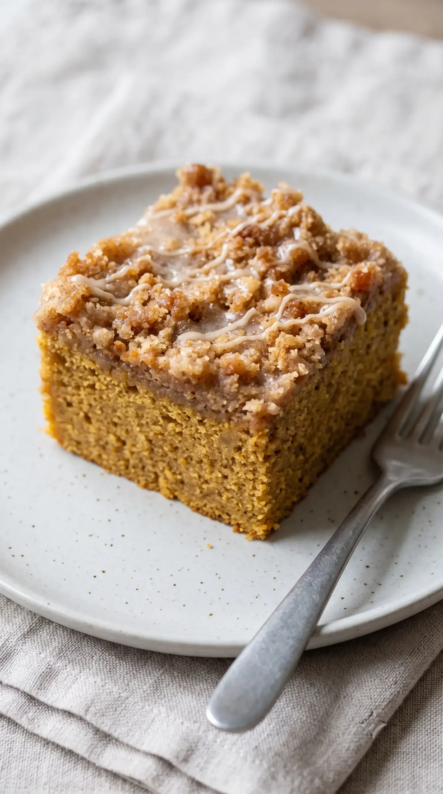 Served slice of pumpkin coffee cake with cinnamon streusel and maple glaze