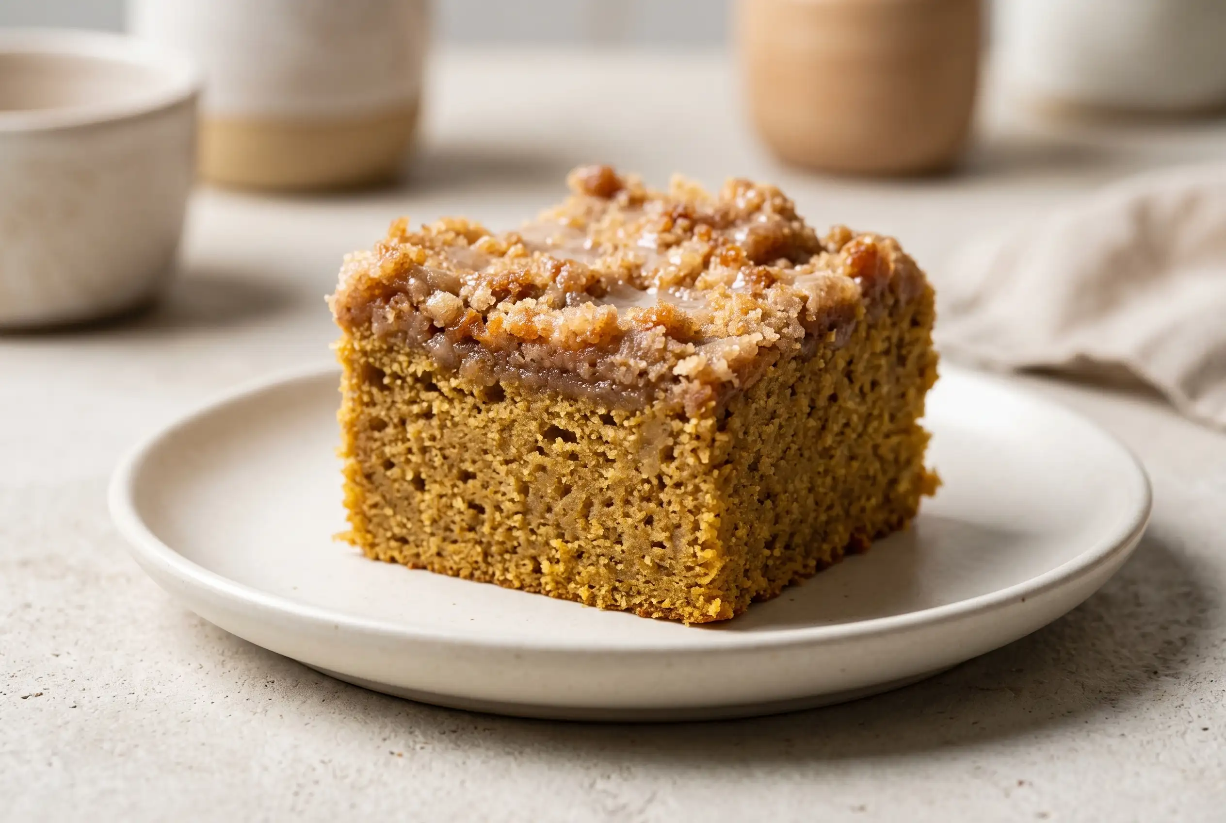 Slice of pumpkin coffee cake with cinnamon streusel topping and maple glaze on a ceramic plate