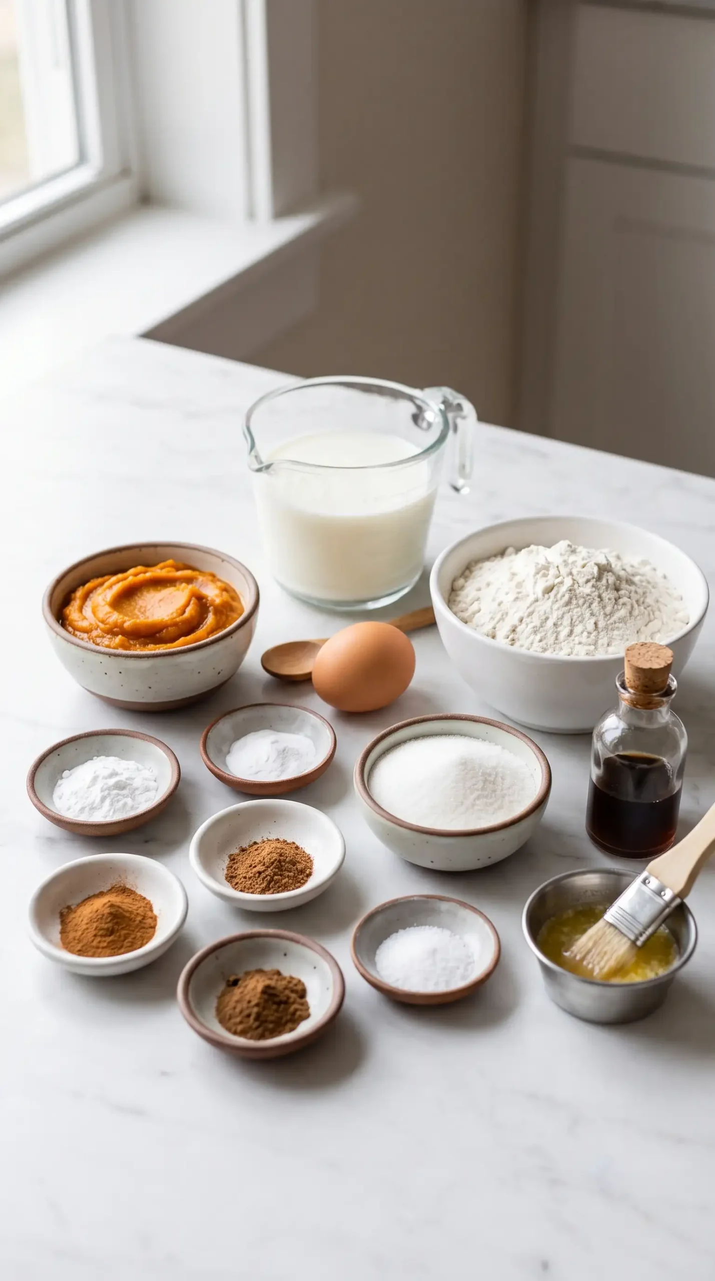Ingredients for pumpkin donut balls including pumpkin puree, spices, flour, and buttermilk
