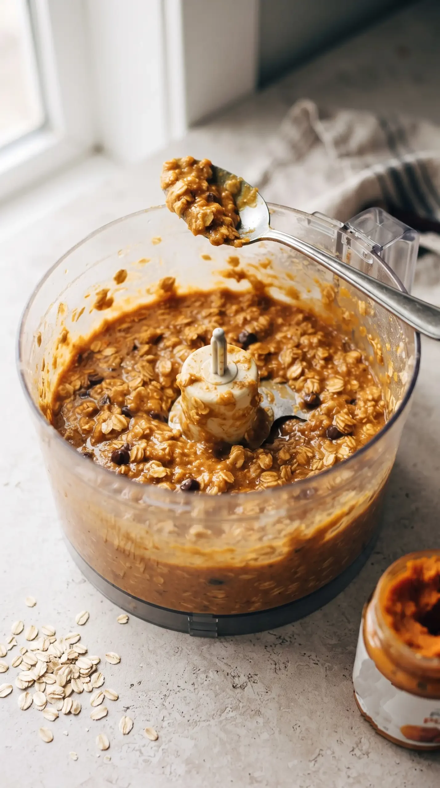 Pumpkin oat muffin batter with blended oats and pumpkin puree in a mixing bowl