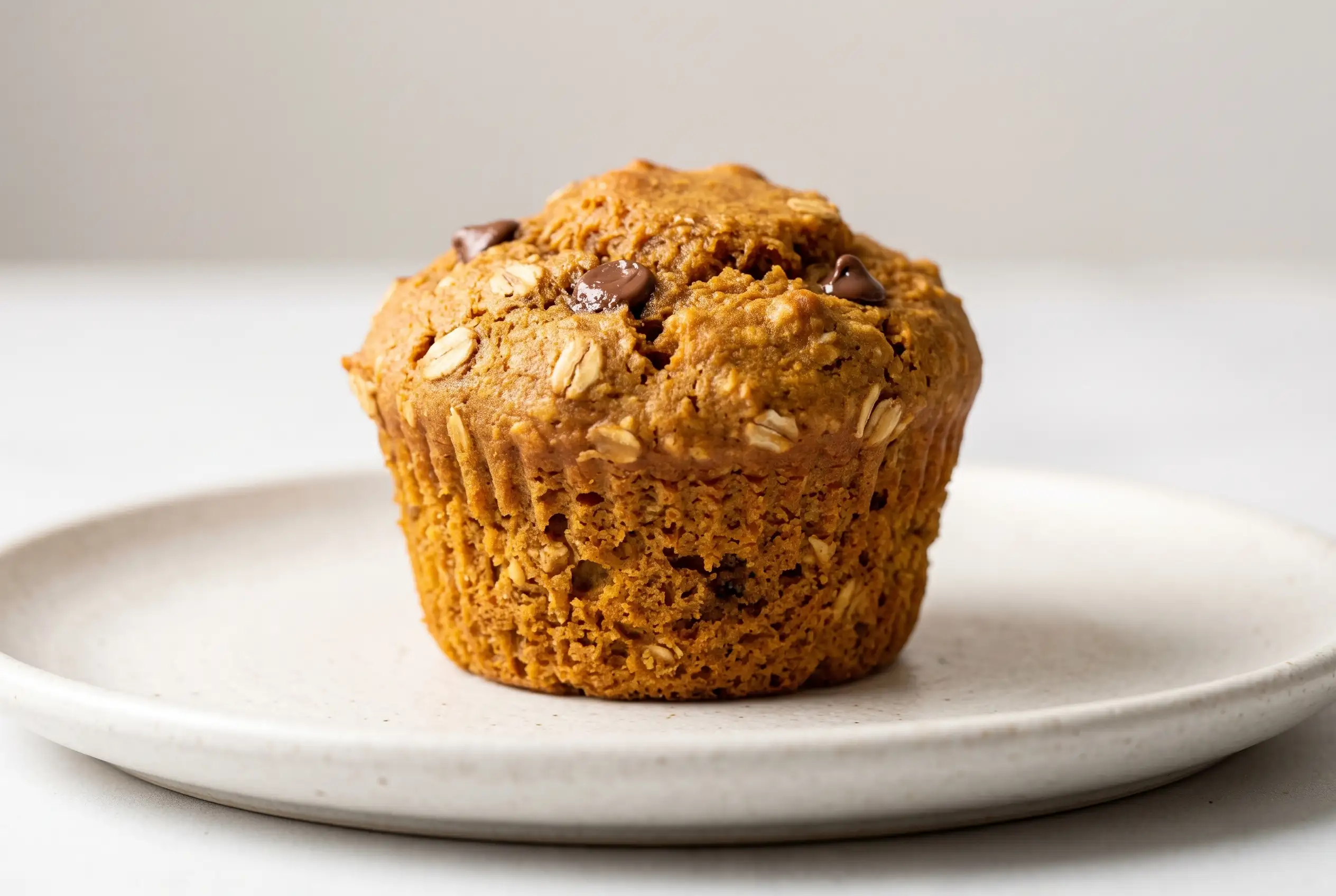 Pumpkin muffin with rolled oats and pumpkin puree showing a tender domed top and rustic crumb texture