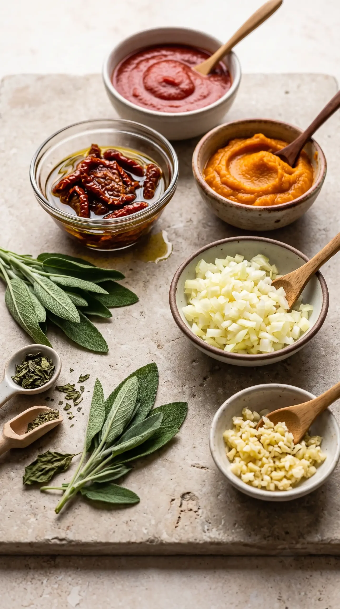 Pumpkin spaghetti sauce ingredients with pumpkin puree, tomatoes, garlic, onion, and sage