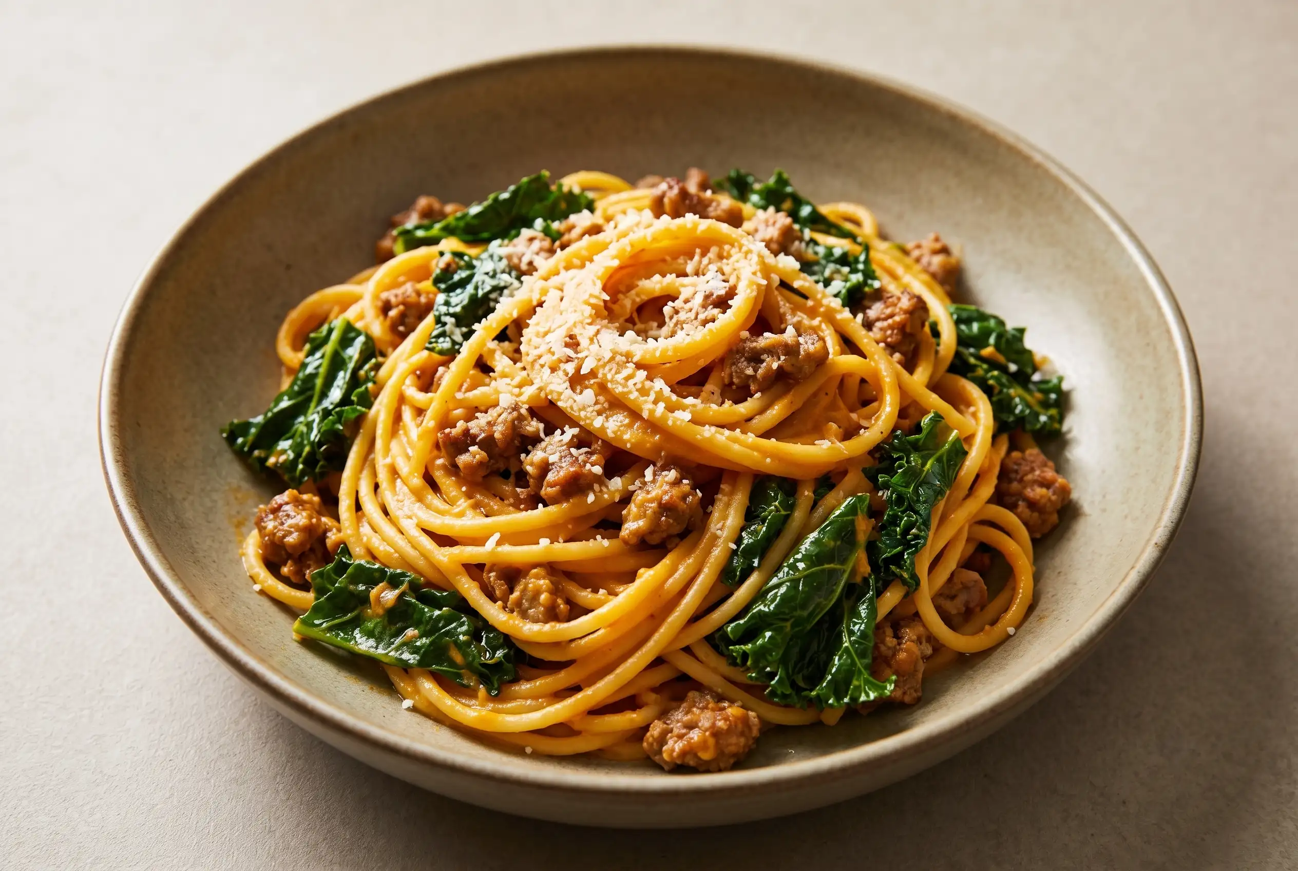 Pumpkin spaghetti with garlic kale, turkey, creamy sauce, and grated cheese in a bowl