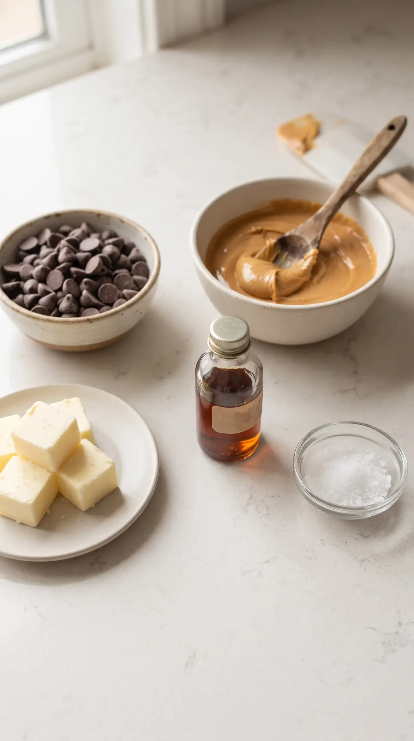 Chocolate, peanut butter, butter, vanilla, and salt ingredients for puppy chow coating