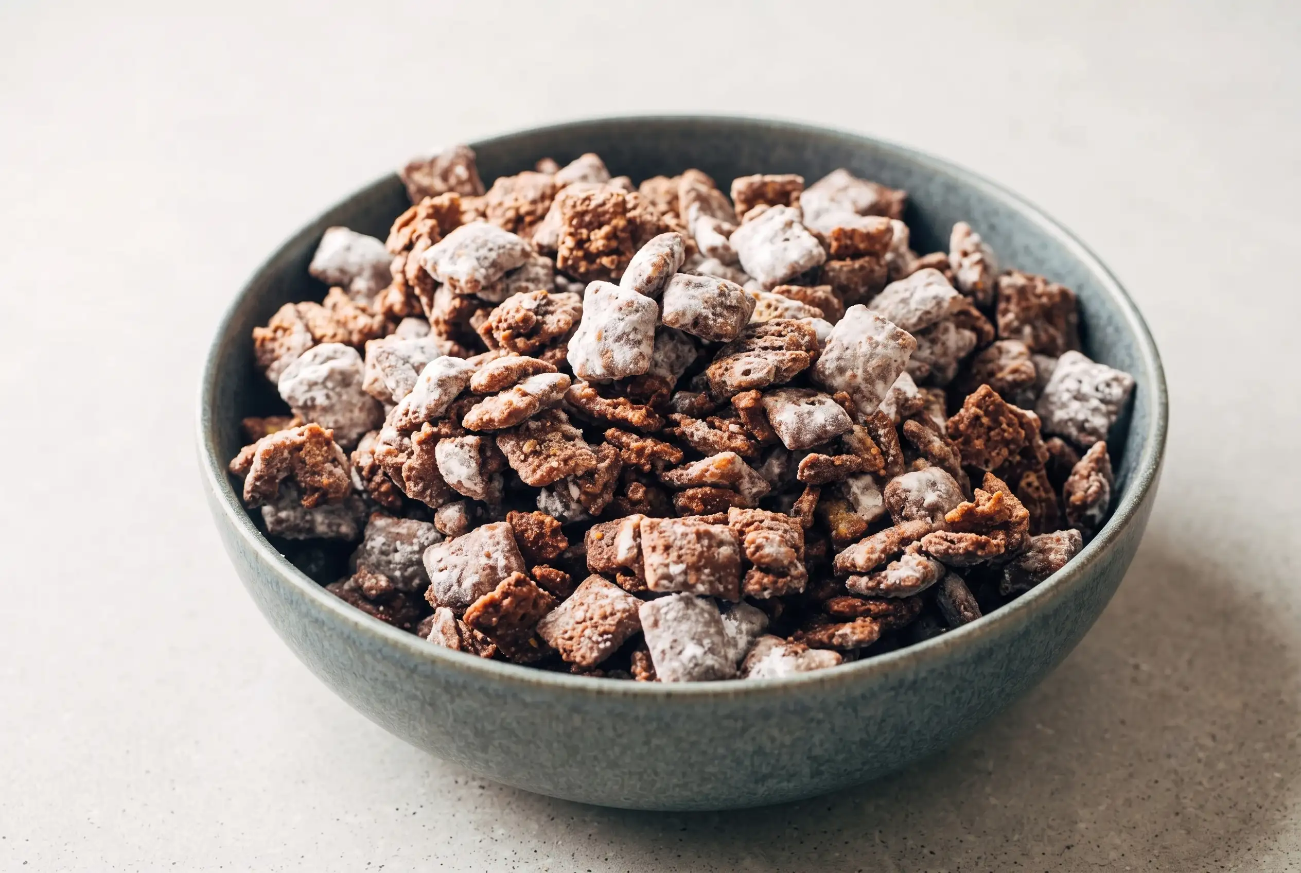 Bowl of puppy chow with chocolate peanut butter coating and powdered sugar-covered cereal clusters