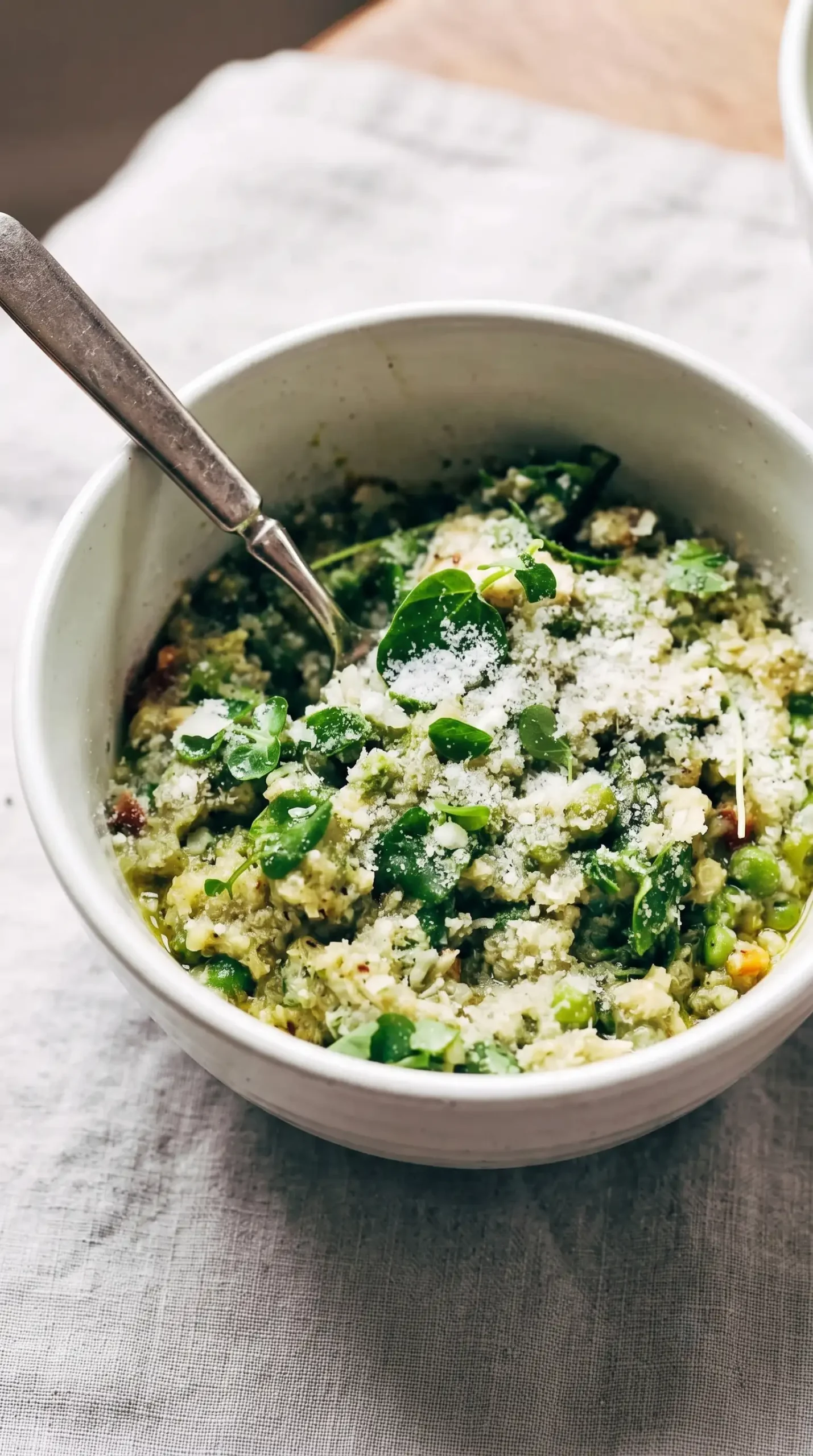 Serving bowl of quinoa chicken primavera topped with herbs, cheese, peas, and asparagus