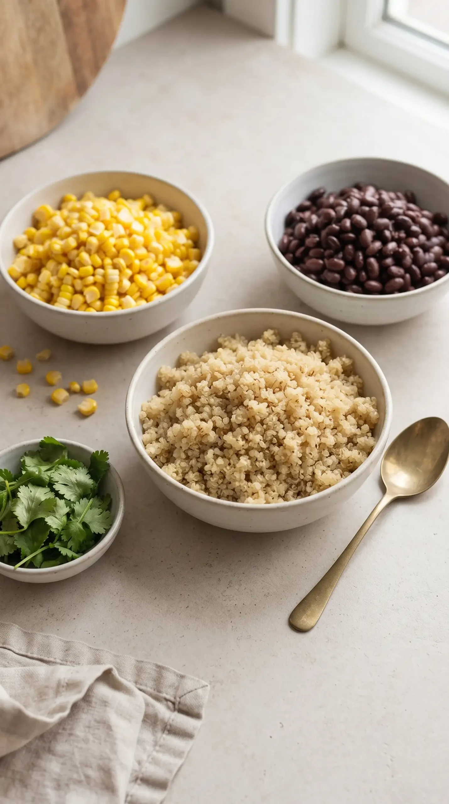 Cooked quinoa, corn kernels, black beans, and cilantro prepared for quinoa salad