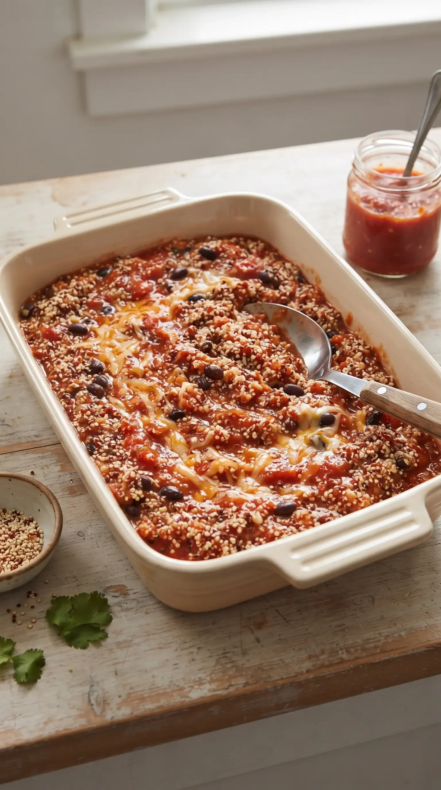 Quinoa and salsa mixture with black beans prepared as the casserole base