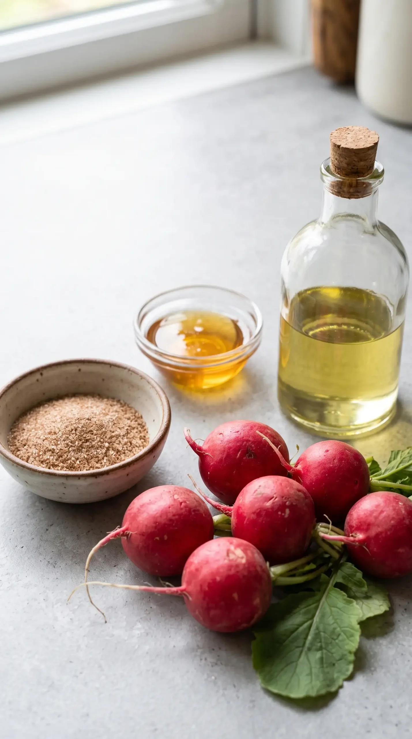Fresh radishes with cinnamon sugar, honey, and olive oil for making radish chips