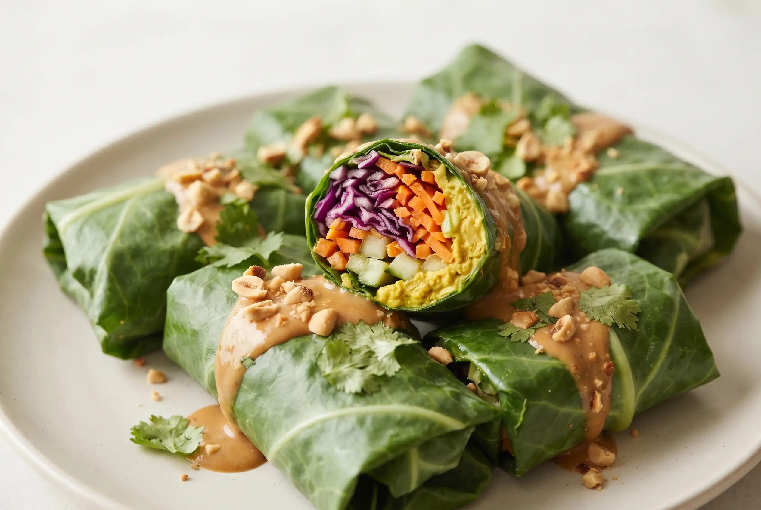 Rainbow roll ups in collard wraps with carrots, cucumber, red cabbage, hummus, and peanut sauce.