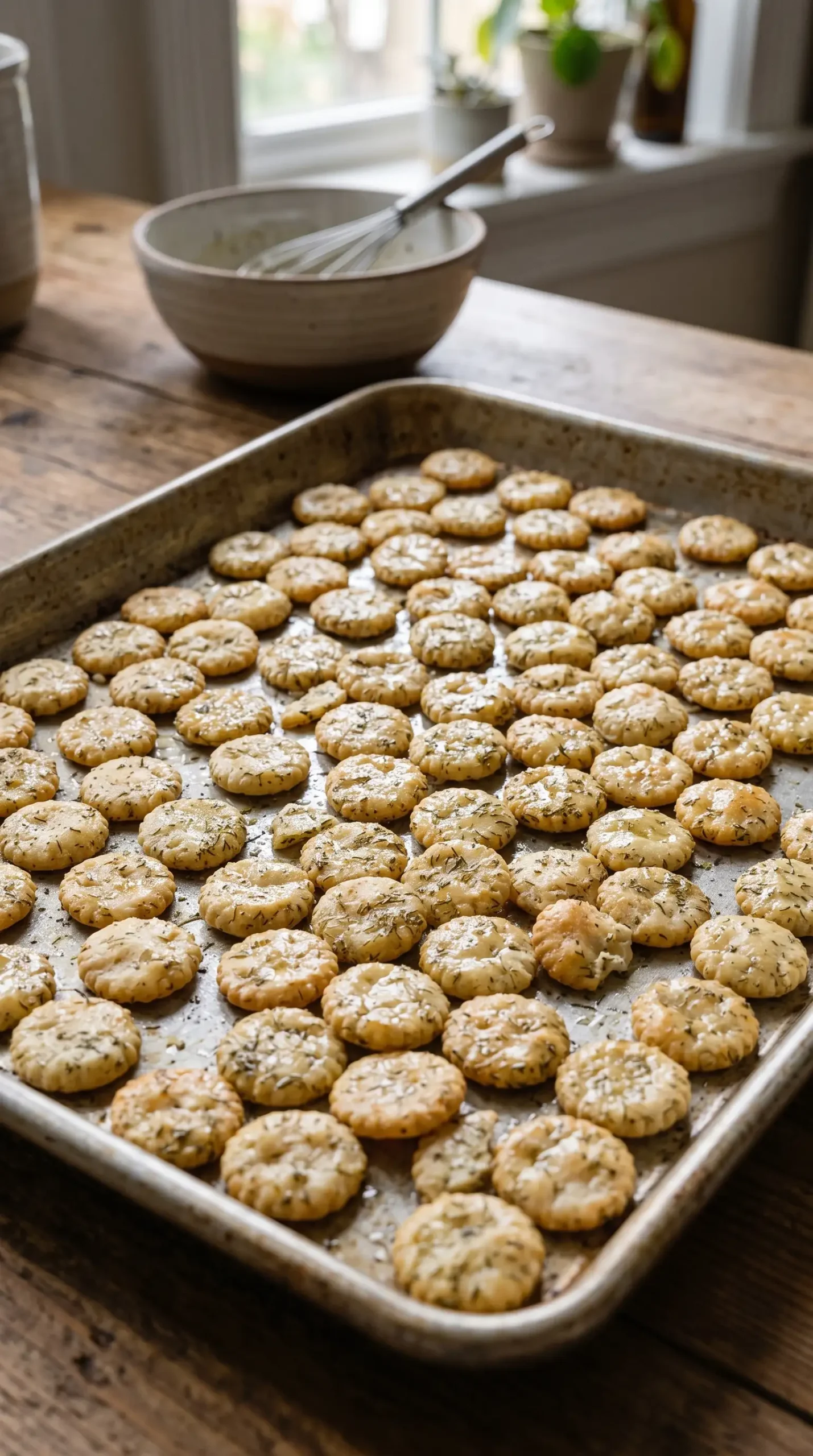 Oyster crackers coated with ranch seasoning and dill on a baking sheet before drying