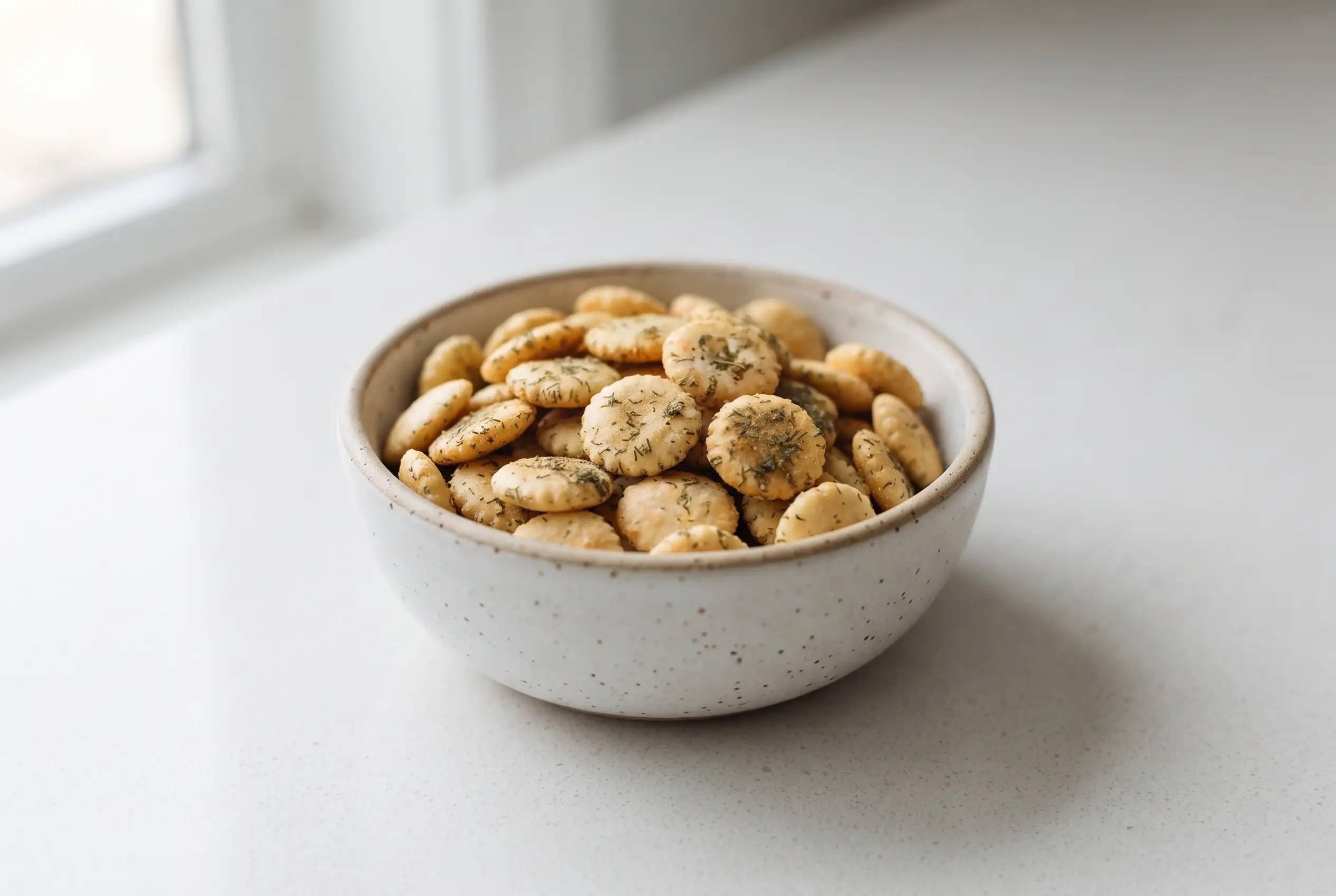 Ranch crackers with dill seasoning served in a bowl as a crisp savory snack