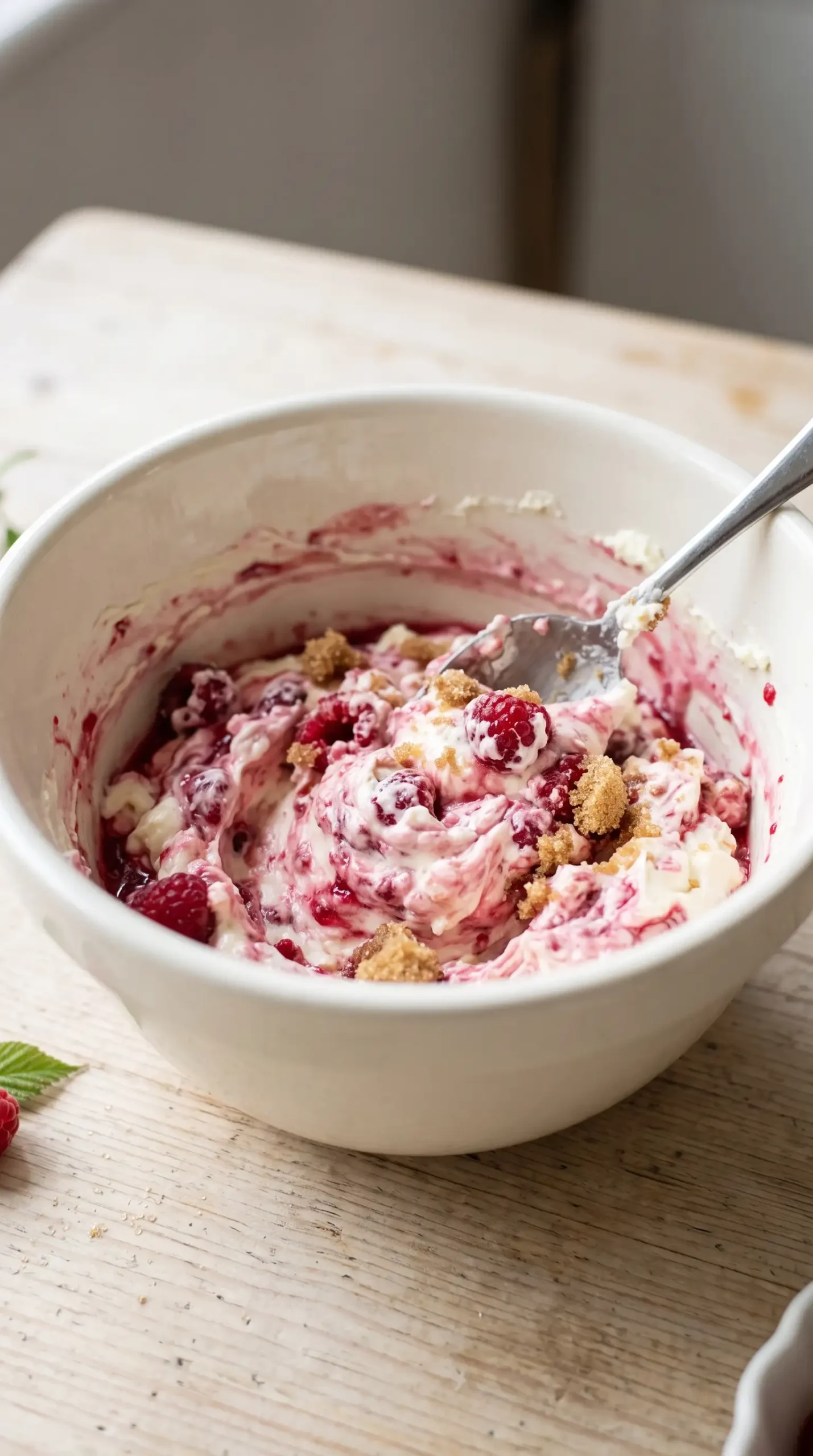 Raspberry cream cheese filling mixture with raspberries and brown sugar in a bowl