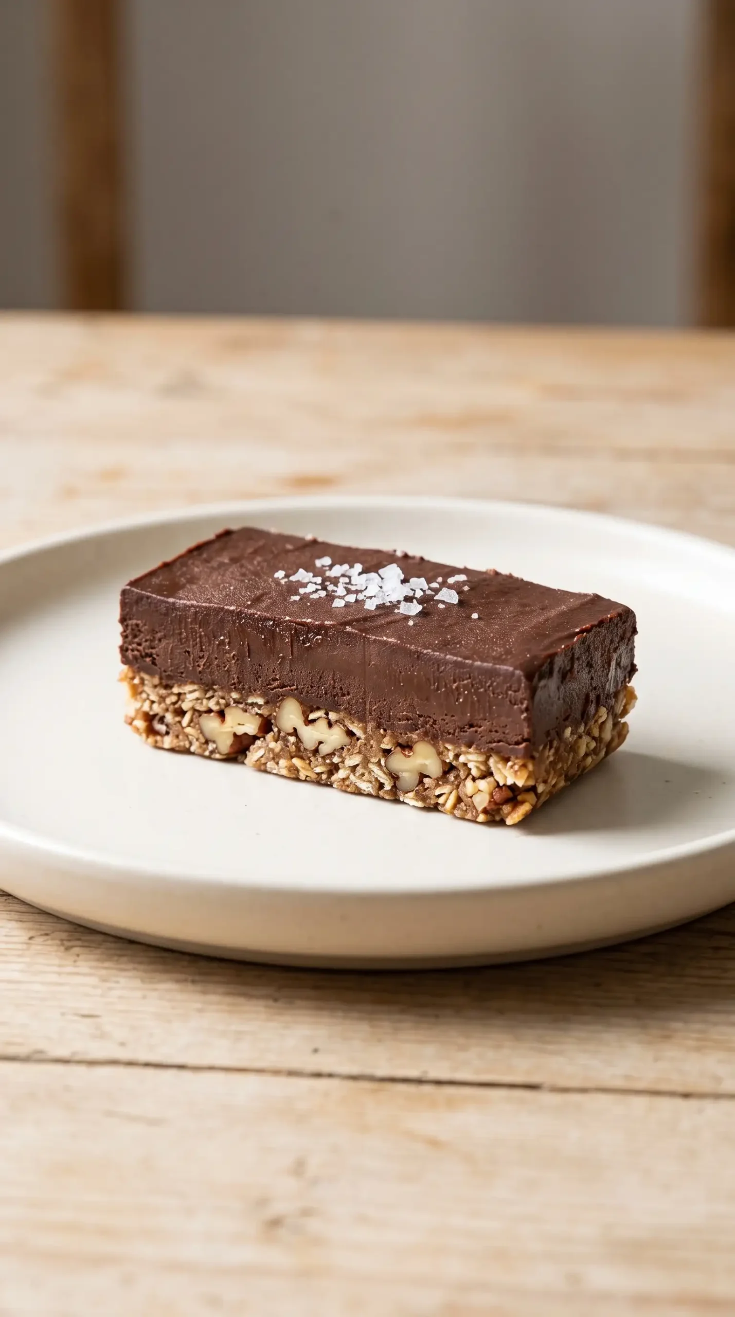 Chilled raw chocolate snack bar slice with pecan oat crust and sea salt