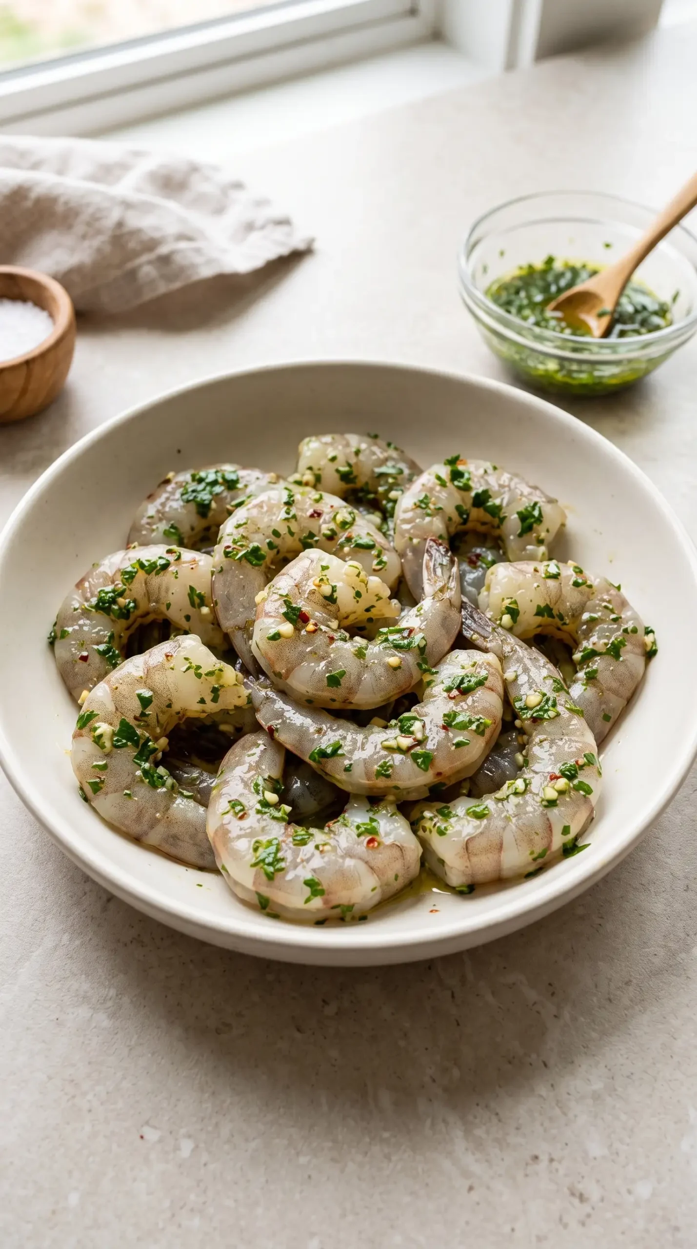 Raw shrimp coated with green chimichurri sauce before cooking