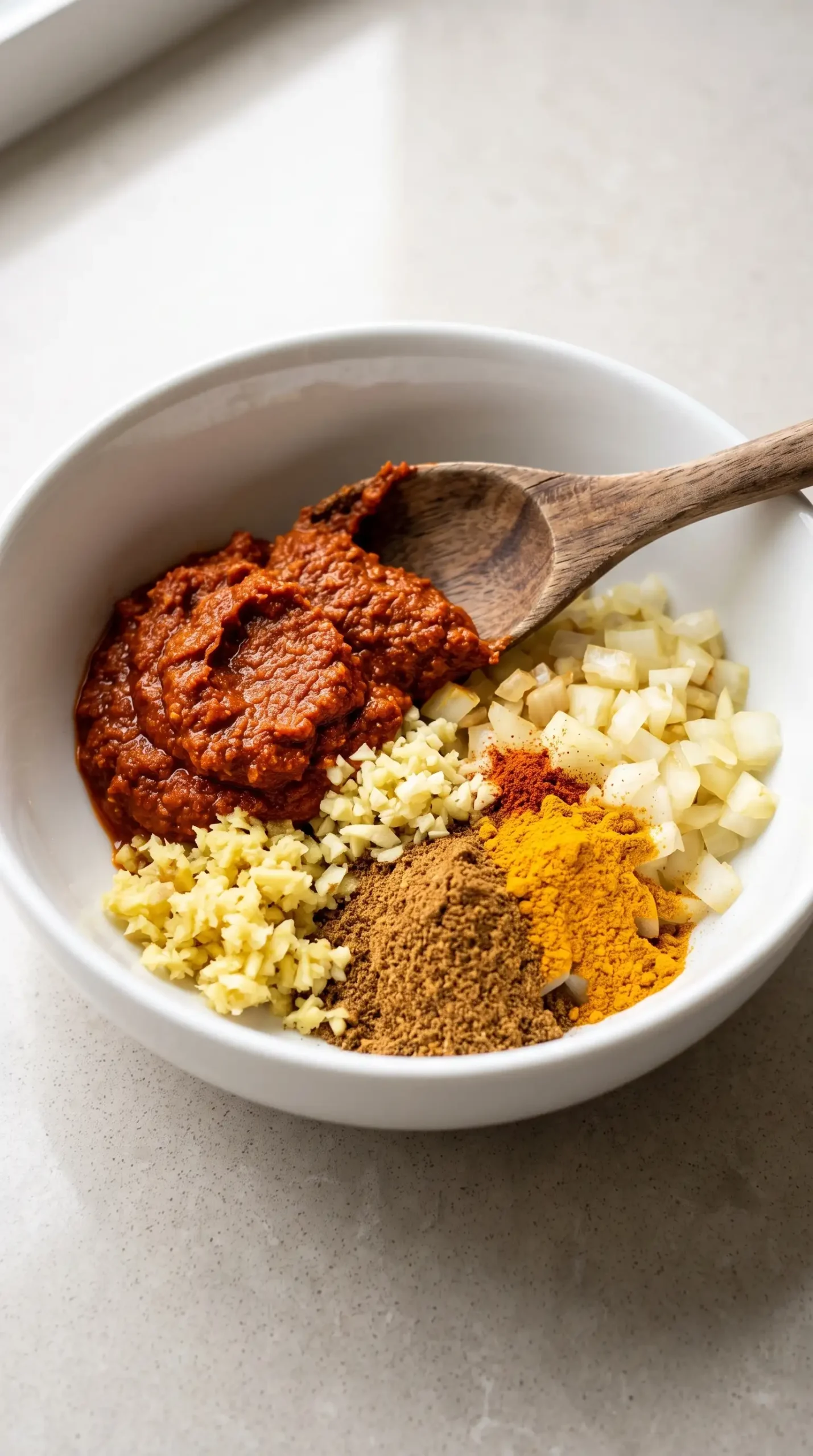 Red curry paste, ginger, garlic, onions, and spices for lentil curry