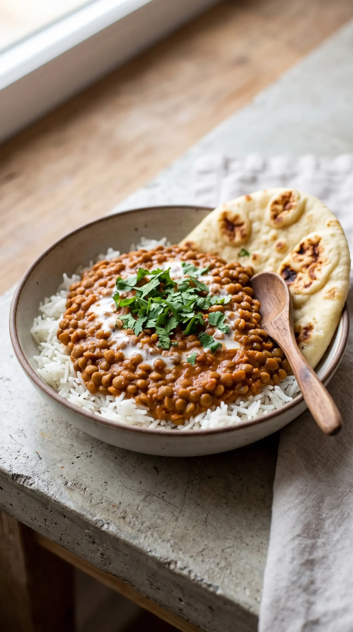 Red curry lentils served over rice with naan and fresh cilantro