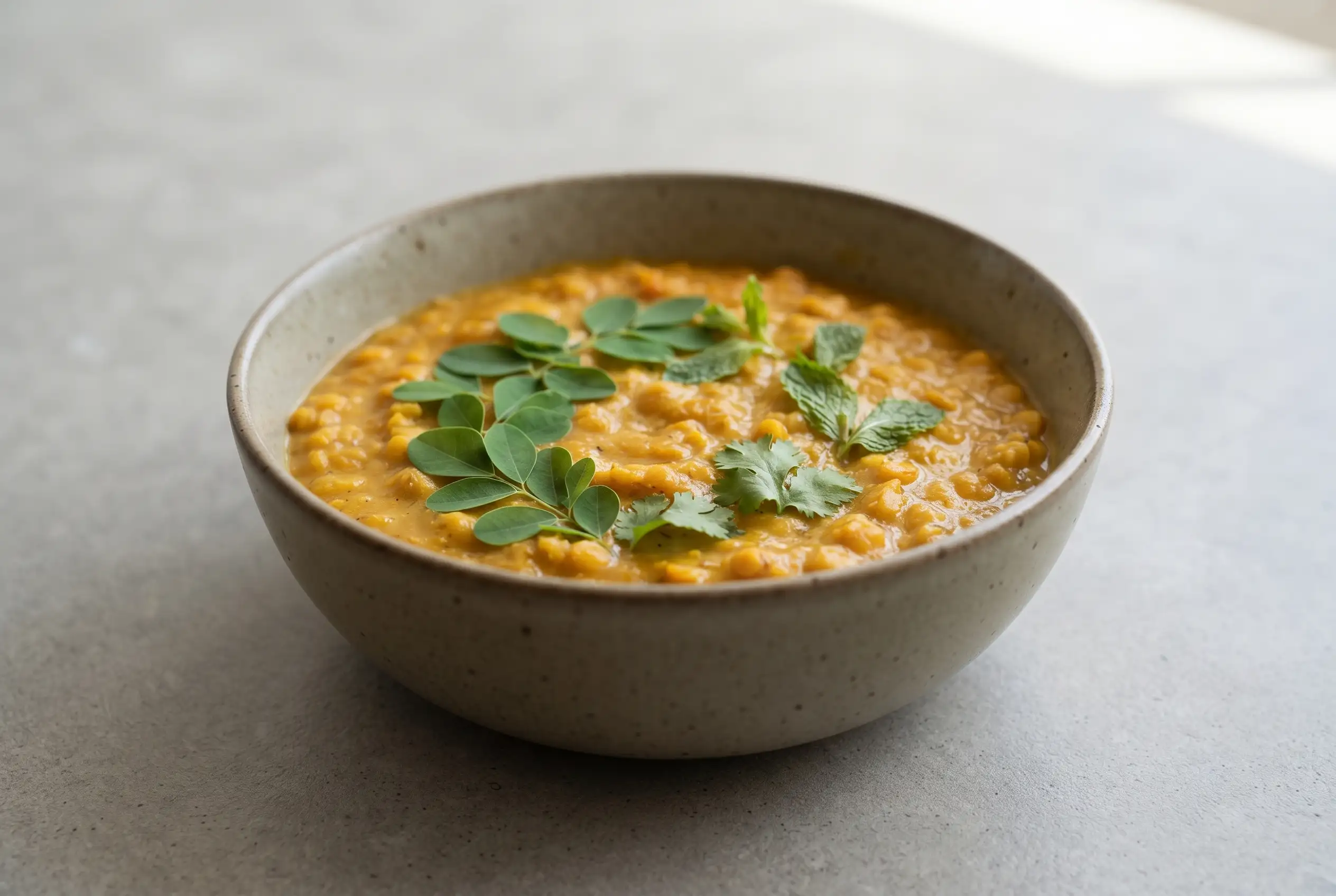 Red lentil dhal with coconut milk and curry spices topped with fresh green herbs