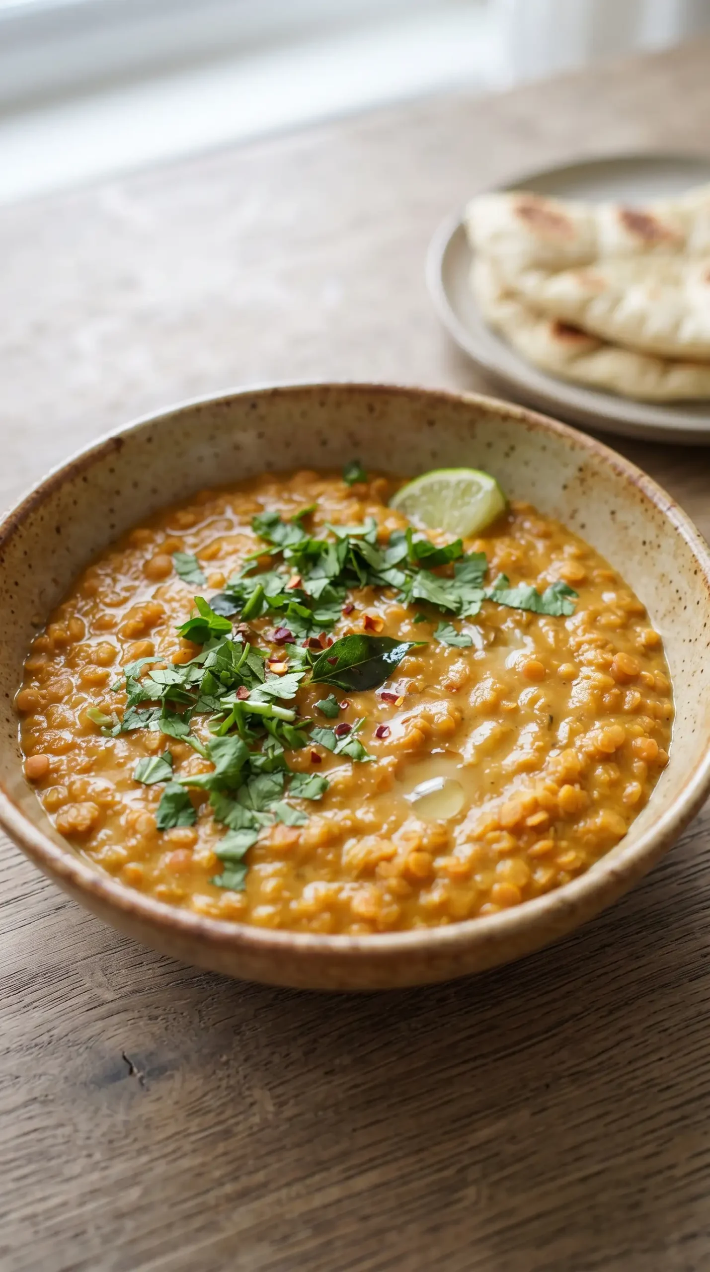 Finished red lentil dhal topped with herbs and lime, served with rice or flatbread