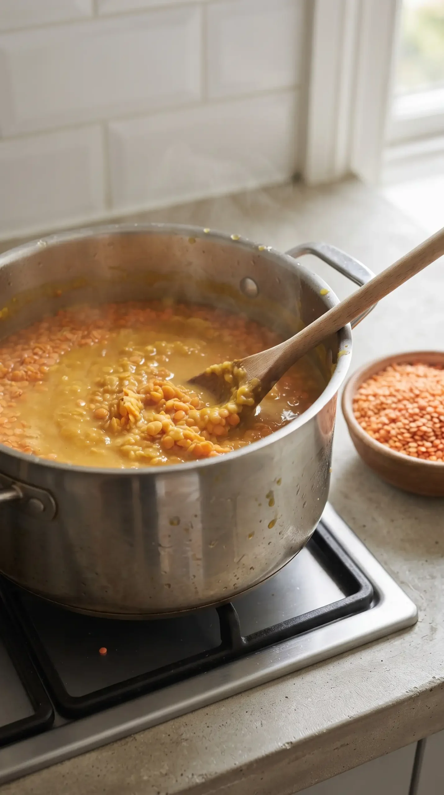 Red lentils simmering in a pot until soft and creamy, with dry red lentils beside them