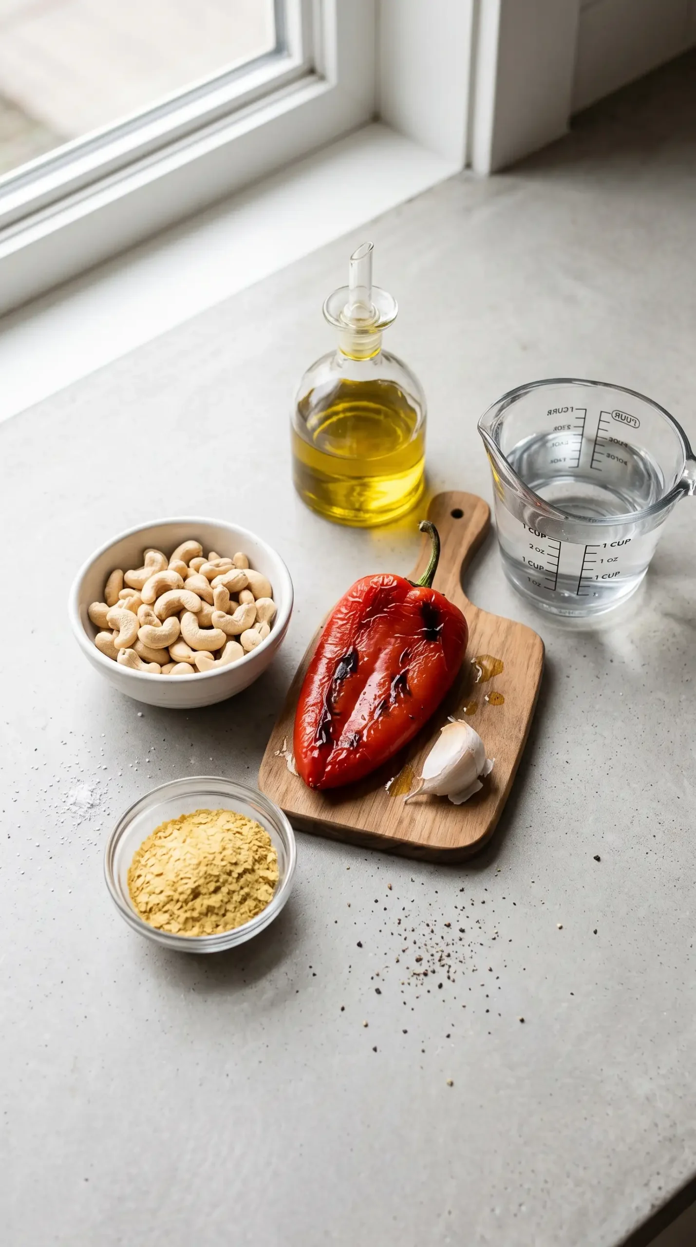 Cashews, roasted red pepper, garlic, nutritional yeast, olive oil, and water for pasta sauce