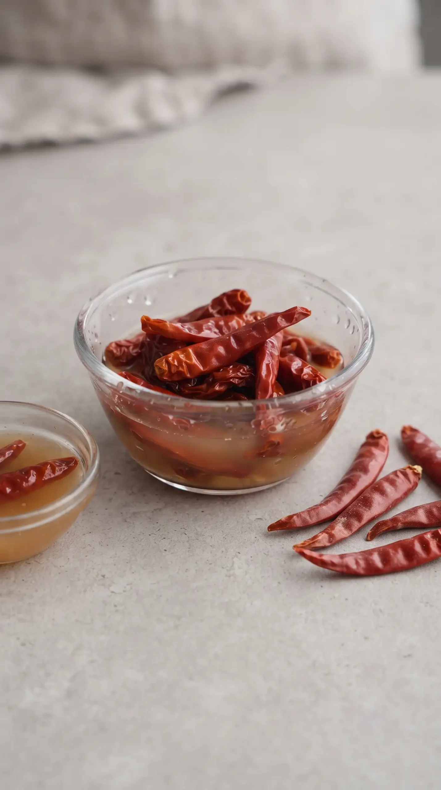 Rehydrated dried Thai chilies prepared for homemade yellow curry paste