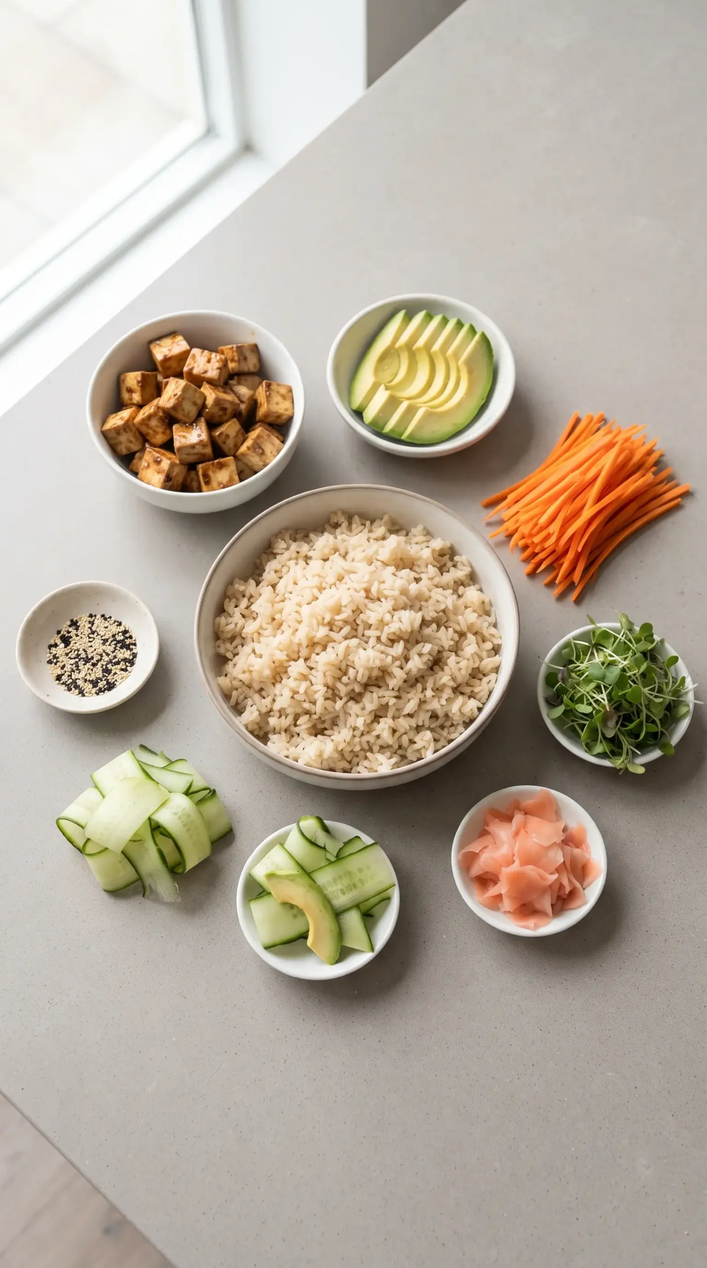 Rice, carrots, cucumber, avocado, microgreens, sesame seeds, and pickled ginger arranged for tofu sushi bowls