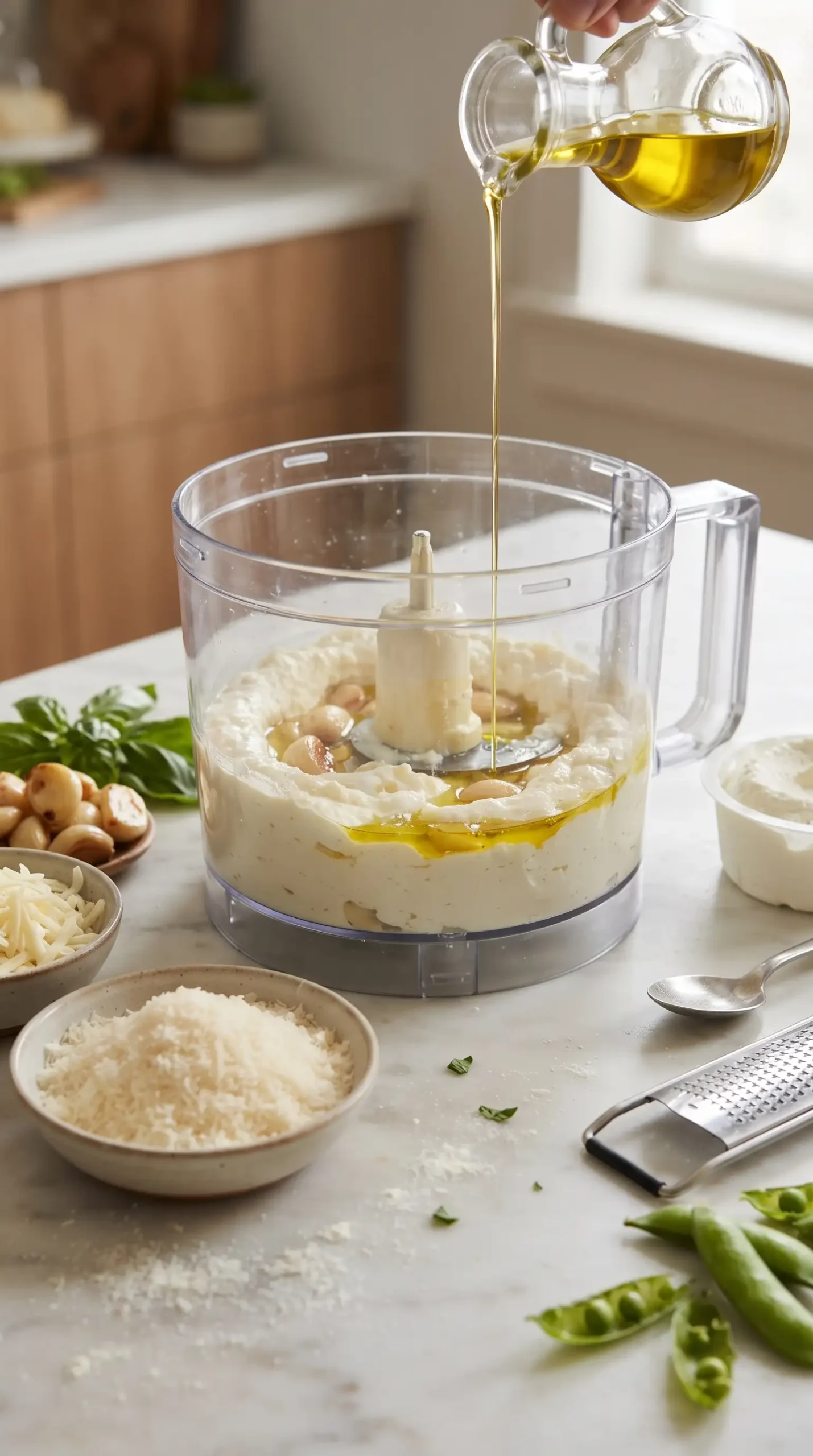 Professional food photography of the cheese preparation step for farmer's market pasta: a food processor bowl containing a smooth ricotta and garlic mixture being blended with olive oil, with freshly grated parmesan and mozzarella nearby ready to be mixed in. Show the actual preparation stage with the processor as the main subject, small amounts of ricotta, garlic cloves, grated cheeses, and basil visible as supporting ingredients on a clean kitchen counter. Natural lighting, realistic cooking environment, focused close-up, no finished pasta dish, no decorative props.