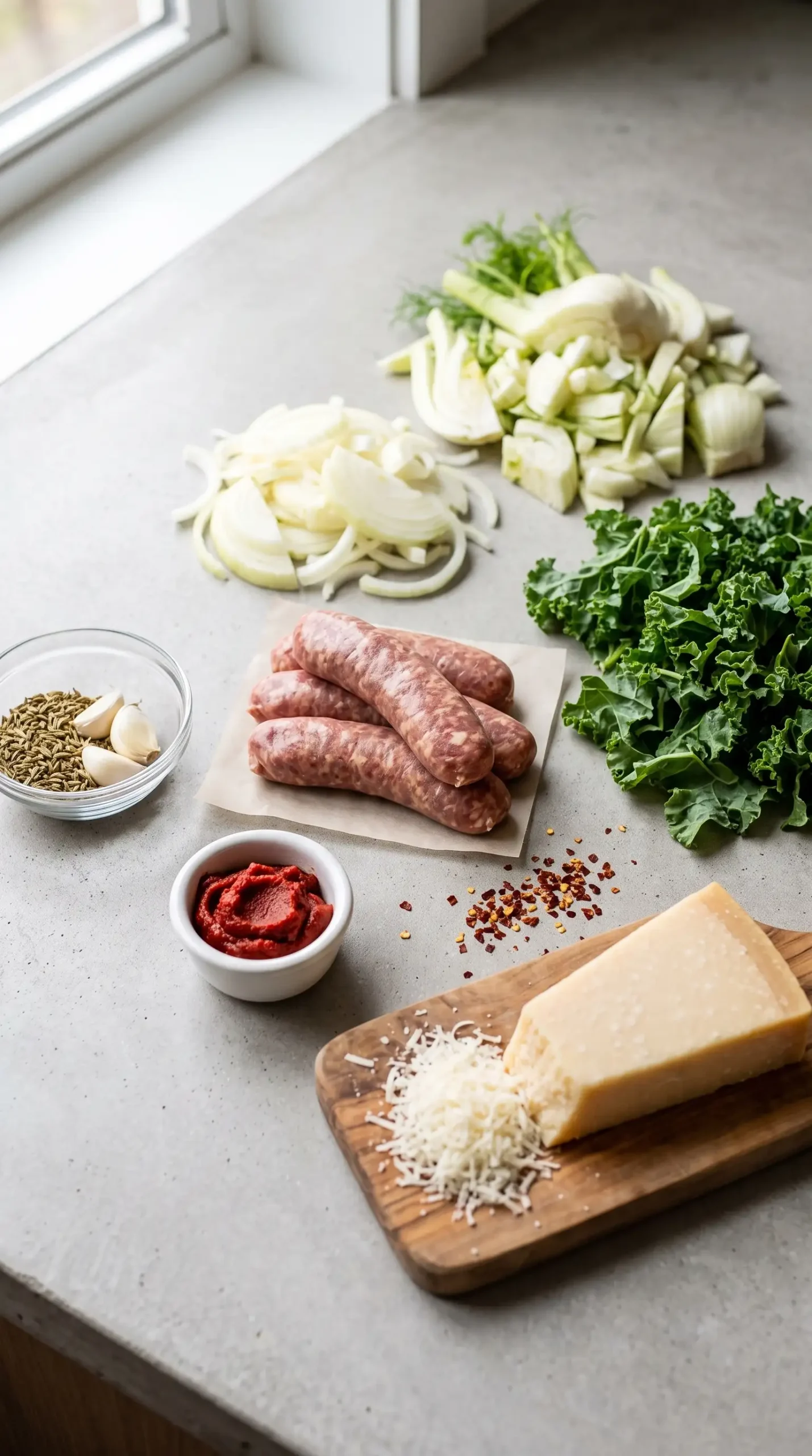 Fennel, kale, sausage, garlic, and Parmesan ingredients for rigatoni sauce