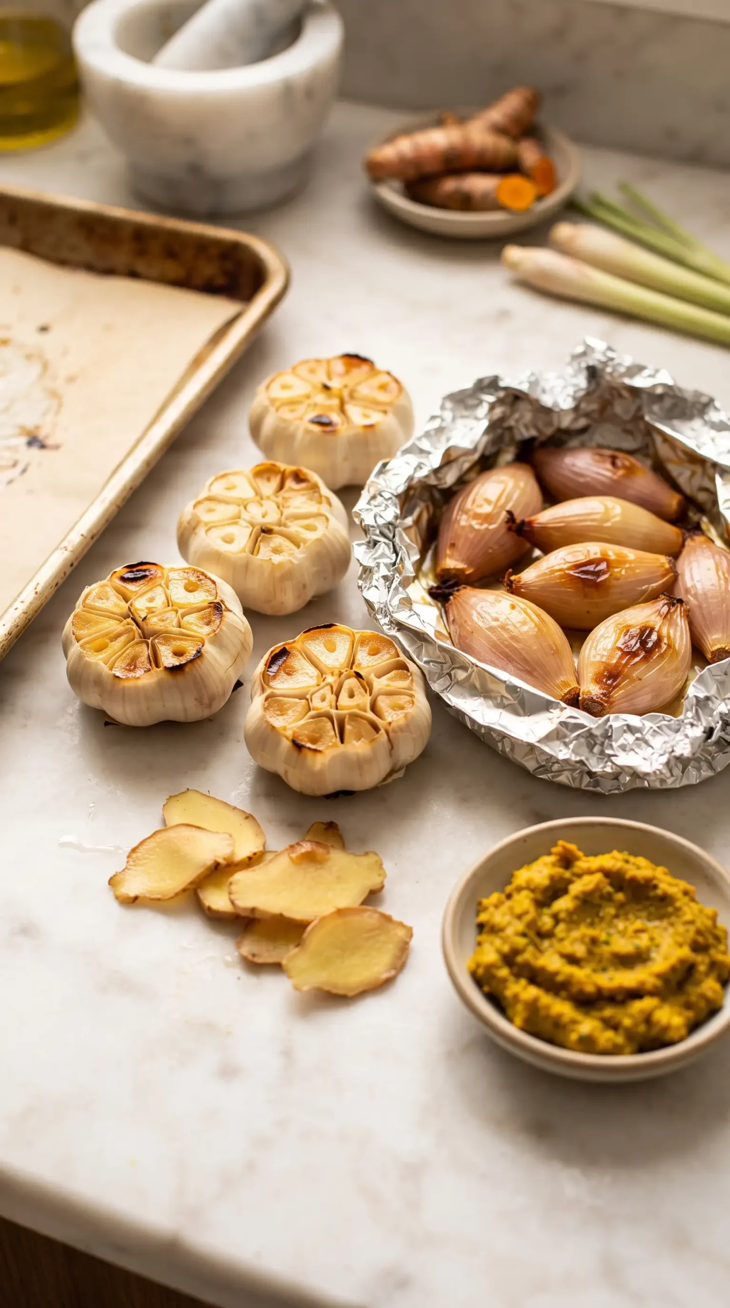 Roasted garlic, shallots, and ginger prepared for homemade Thai yellow curry paste
