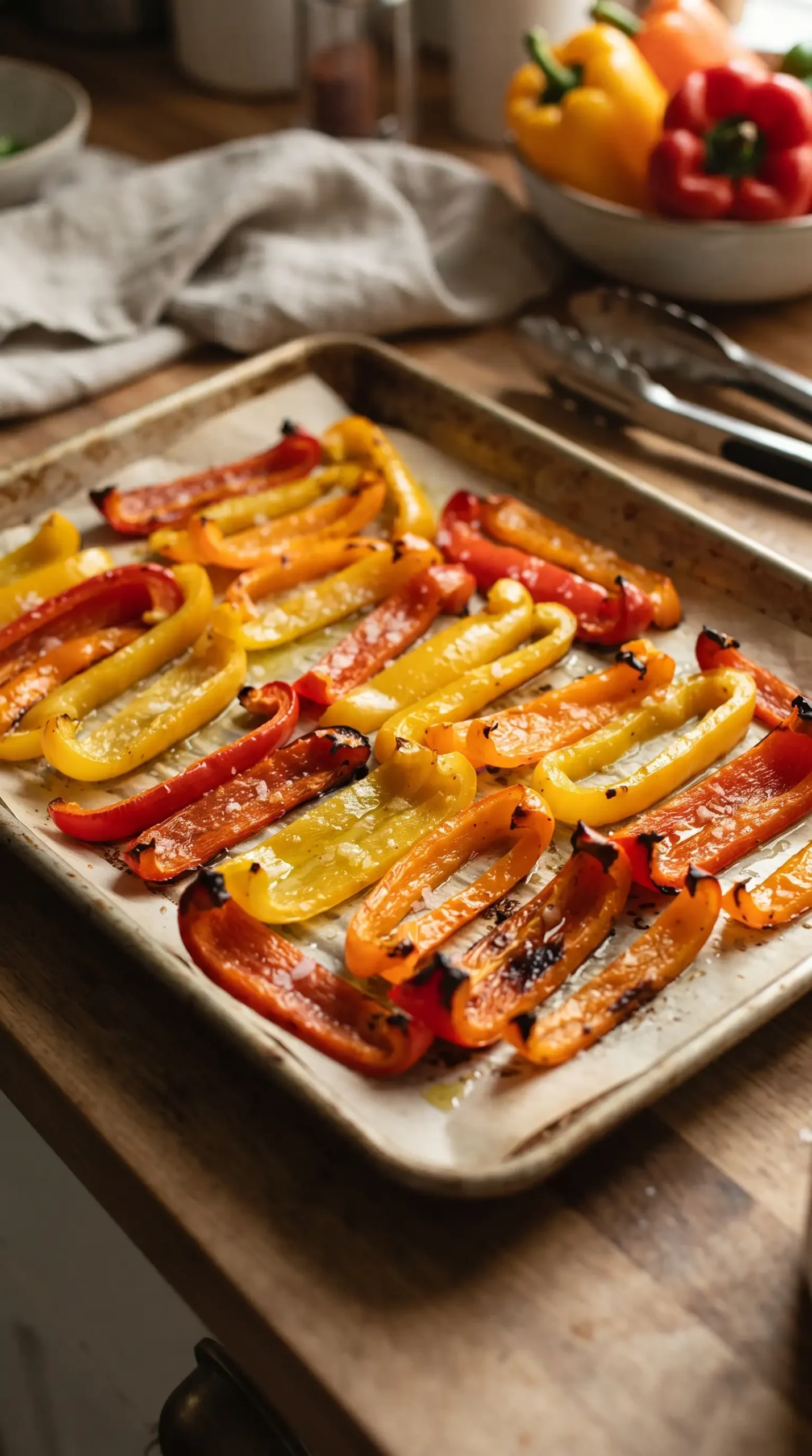 Sliced bell peppers roasting on a sheet pan for vegan burrito bowls