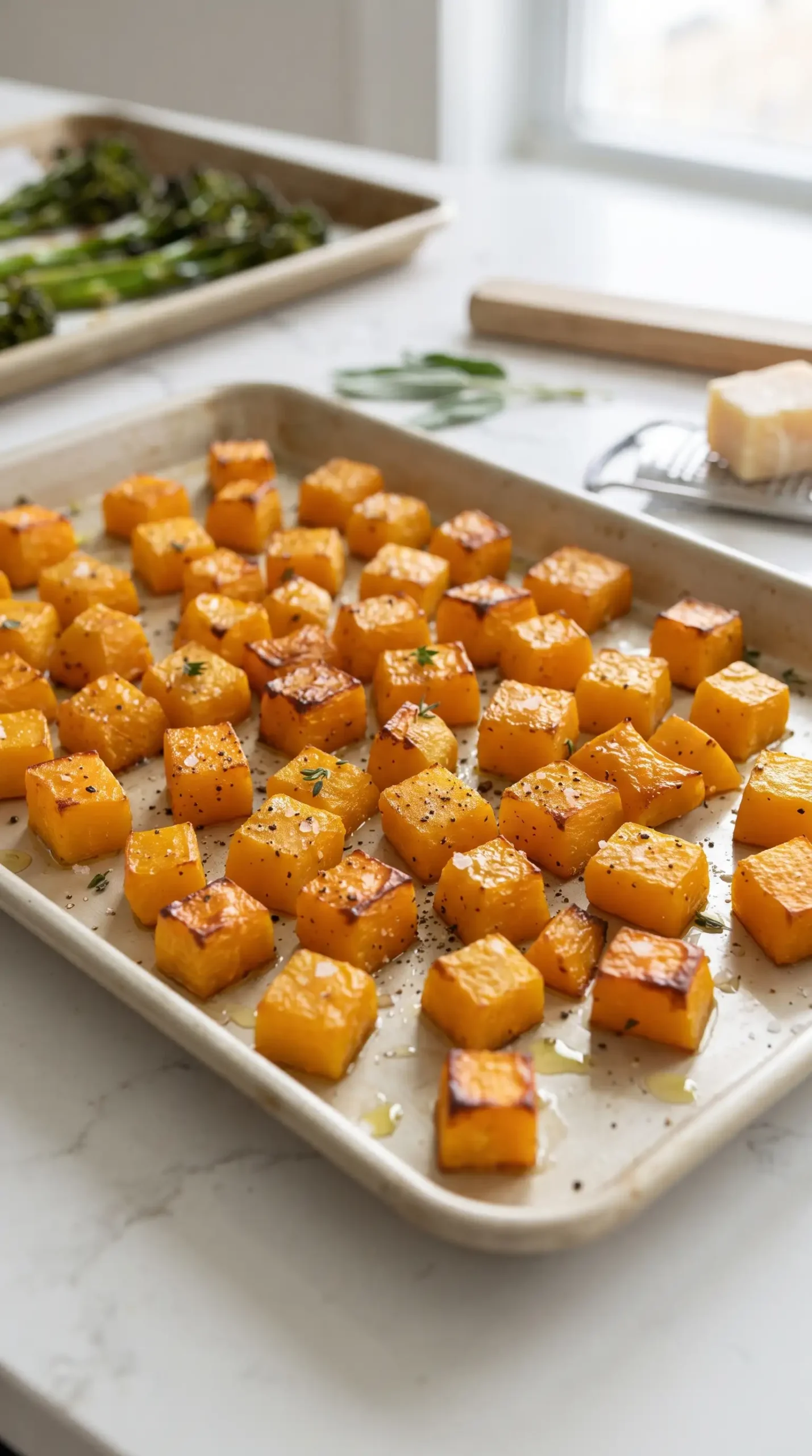 Roasted butternut squash cubes with golden edges prepared for orecchiette pasta