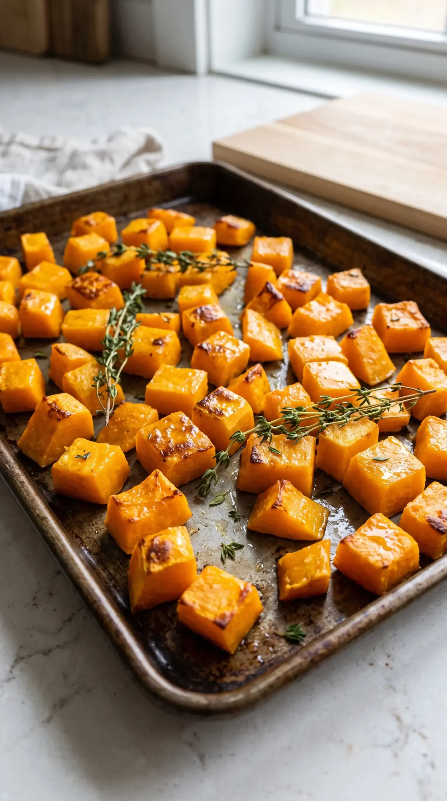 Roasted butternut squash cubes prepared for blending into pasta sauce