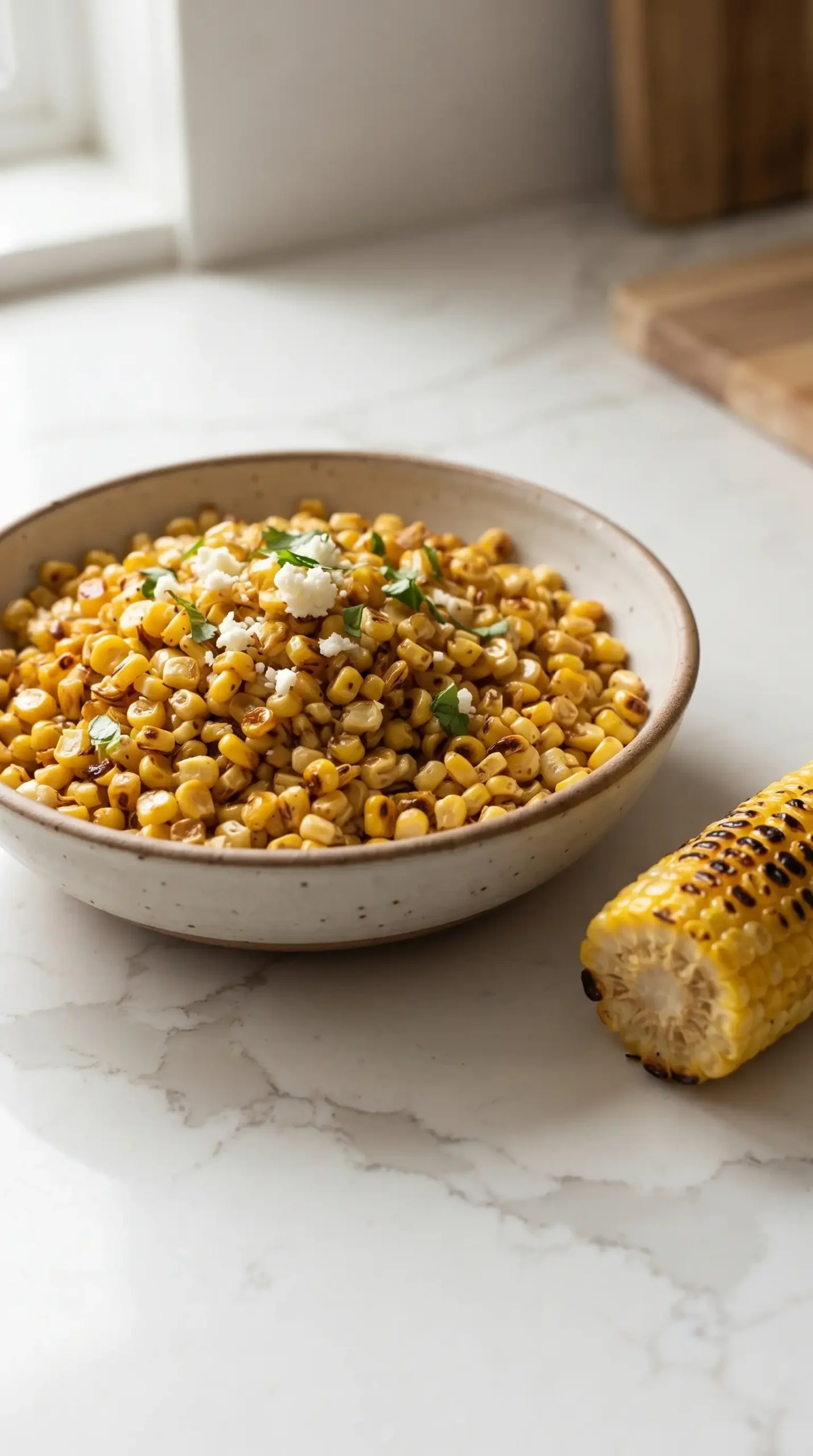 Roasted corn kernels with browned edges prepared for elote queso