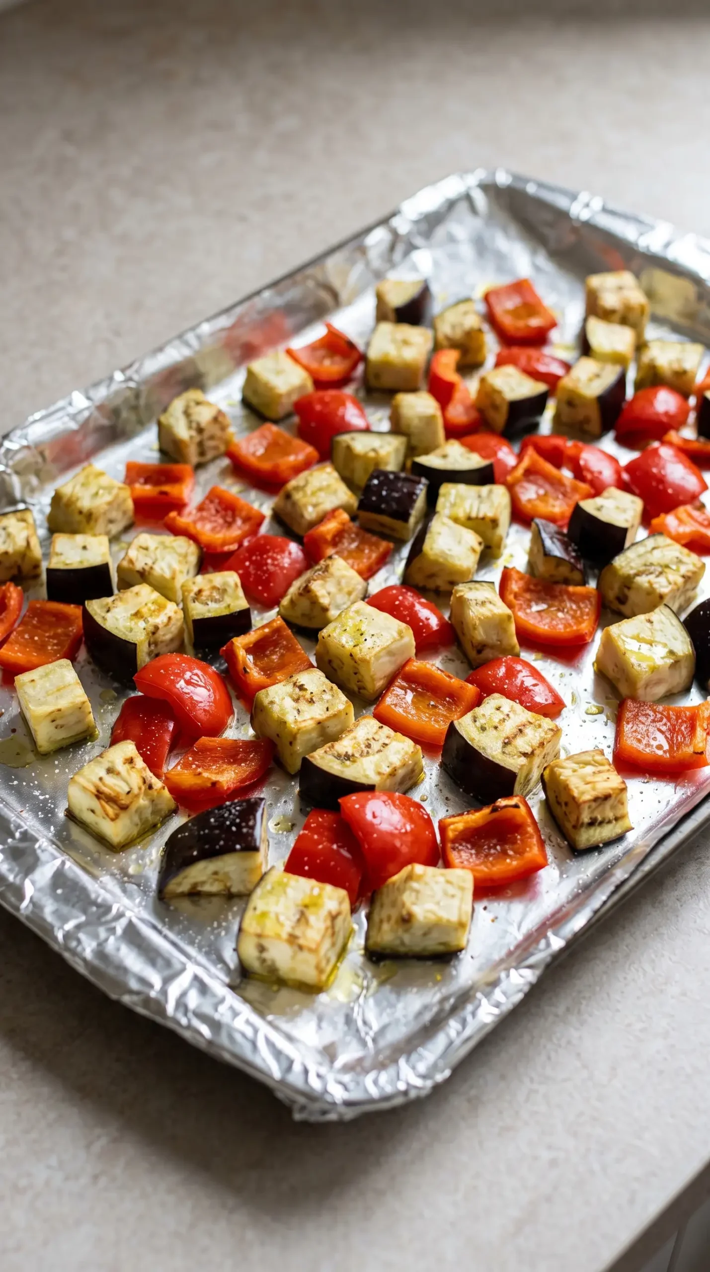 Roasted eggplant and red peppers on a baking sheet for curry eggplant soup
