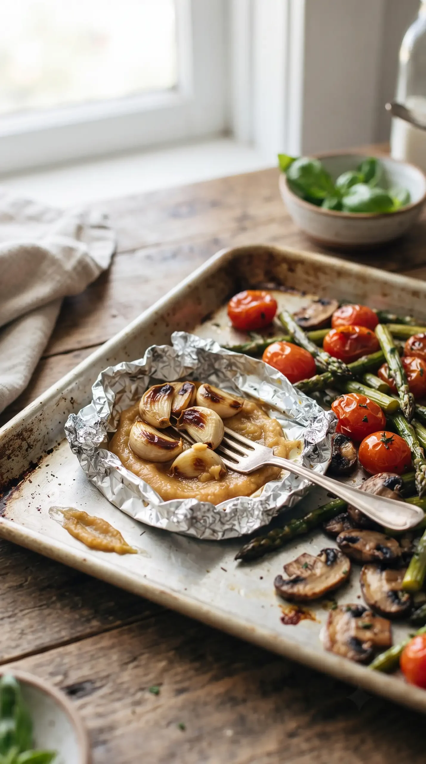 Roasted garlic cloves mashed into paste beside roasted vegetables on a baking pan