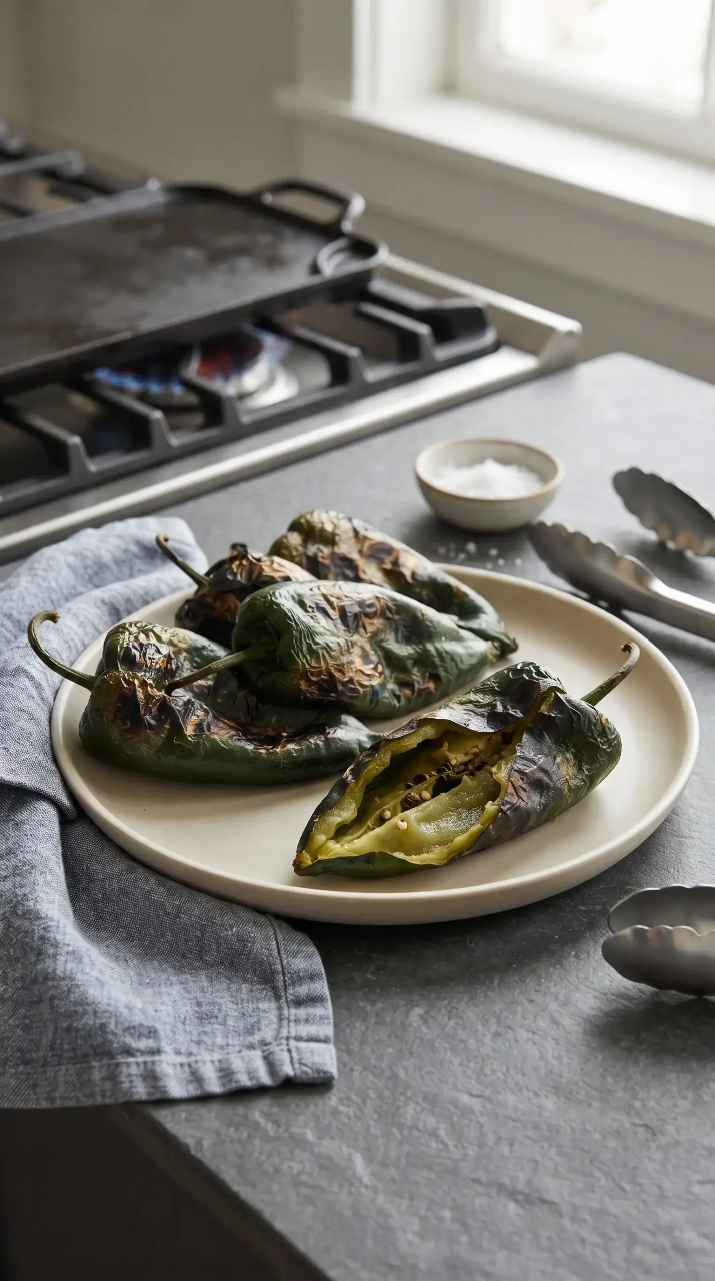 Roasted poblano peppers with charred skins prepared for creamy mushroom sauce