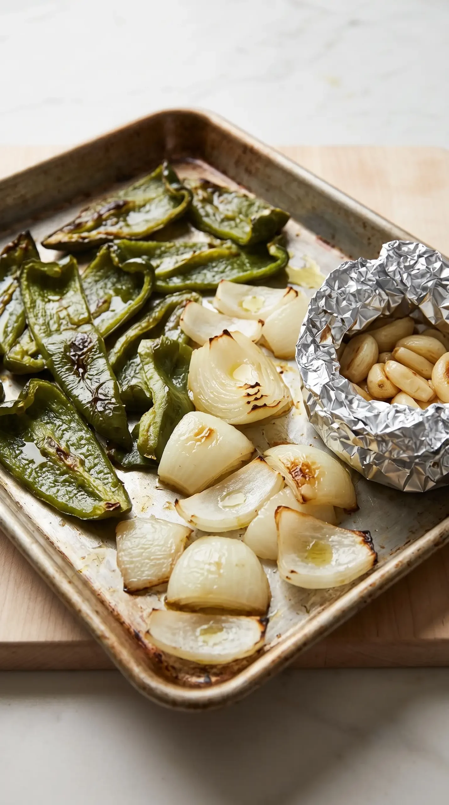 Roasted poblano peppers, onion, and garlic prepared for a creamy sauce