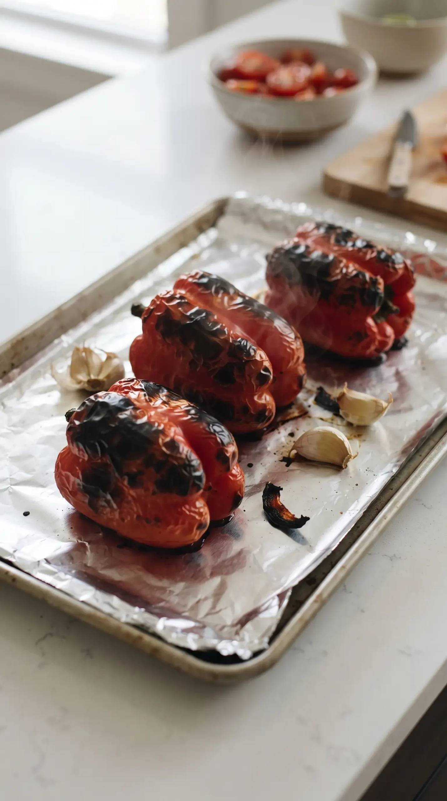 Roasted red bell peppers with blistered skins on a baking sheet