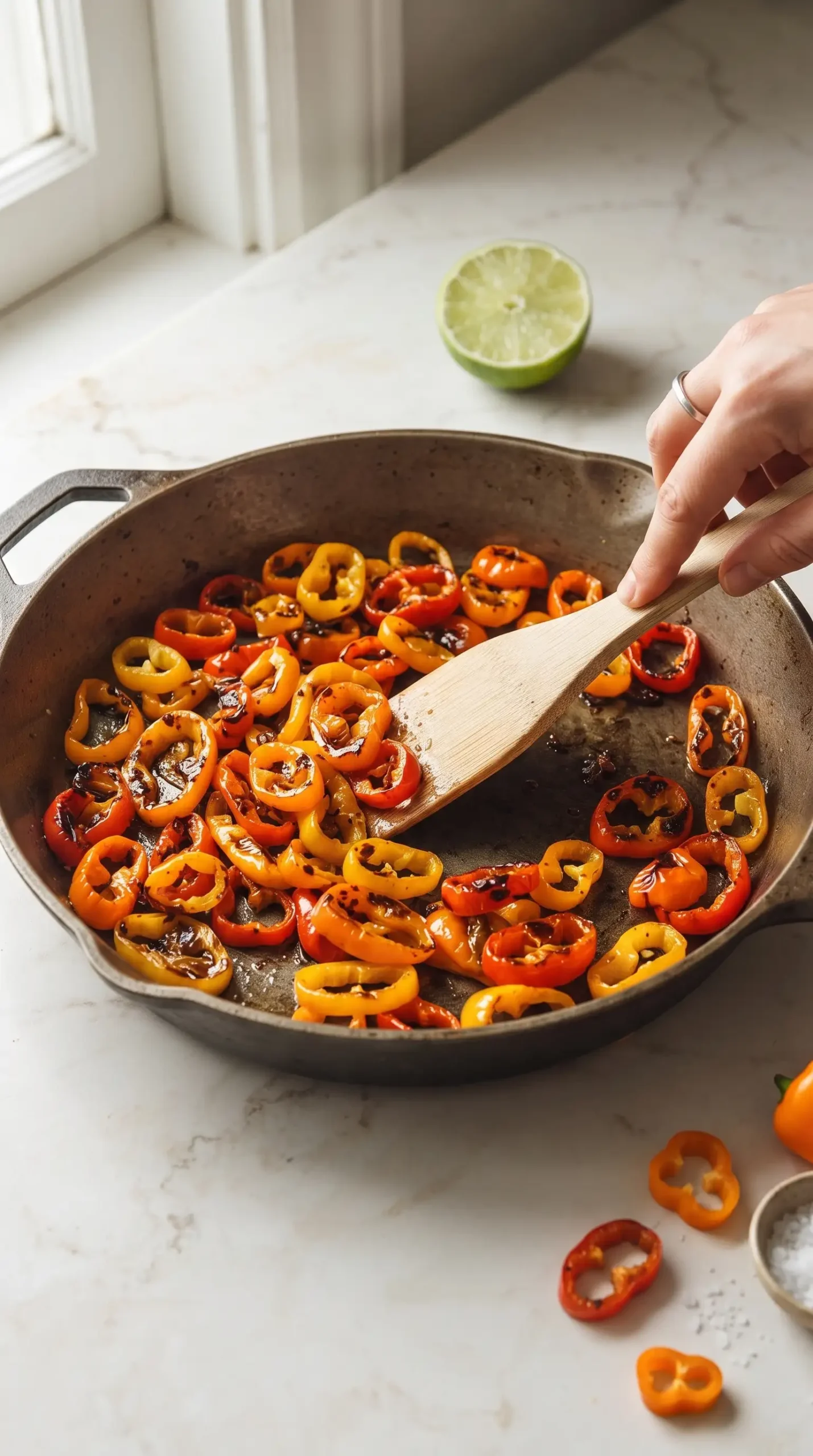 Mini sweet peppers cooking in a skillet for elote style quinoa salad