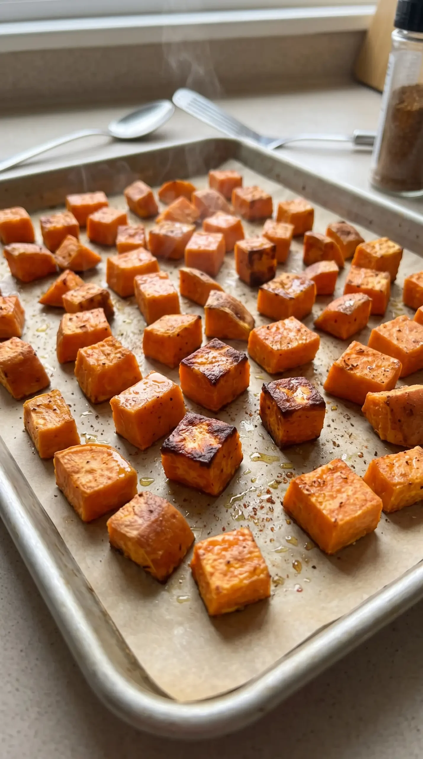 Roasted sweet potato cubes on a baking sheet for chipotle tahini bowls