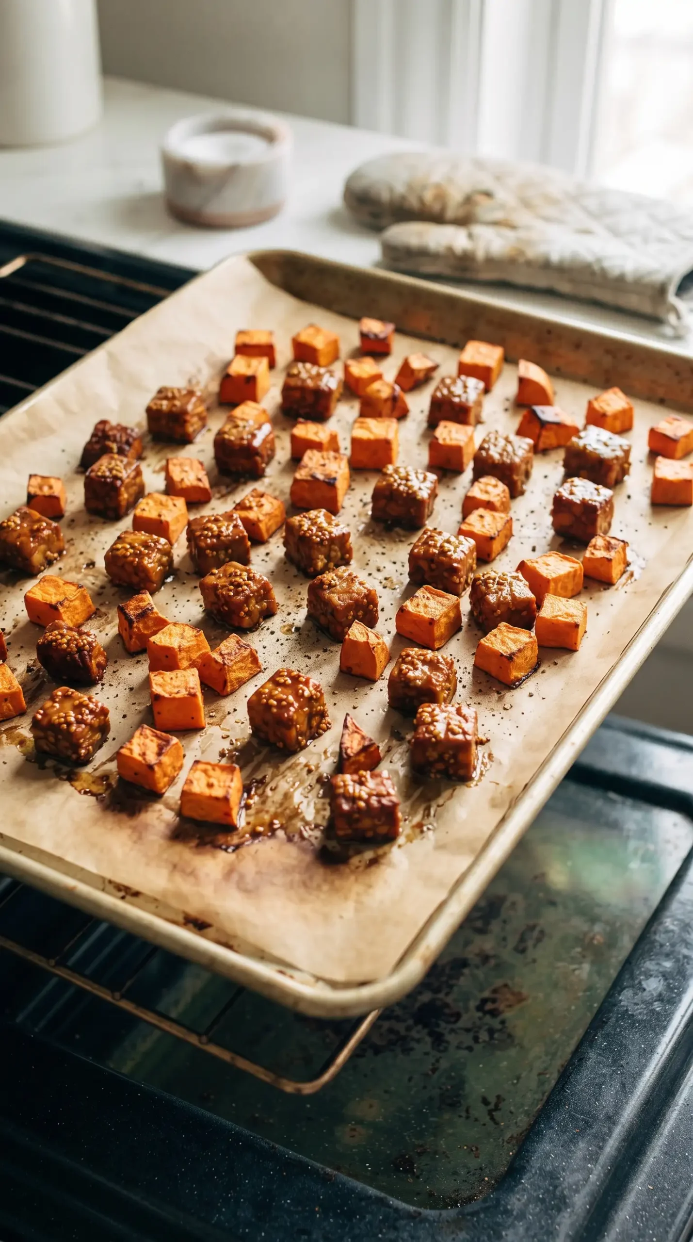 Marinated tempeh cubes and sweet potatoes roasting on a baking sheet