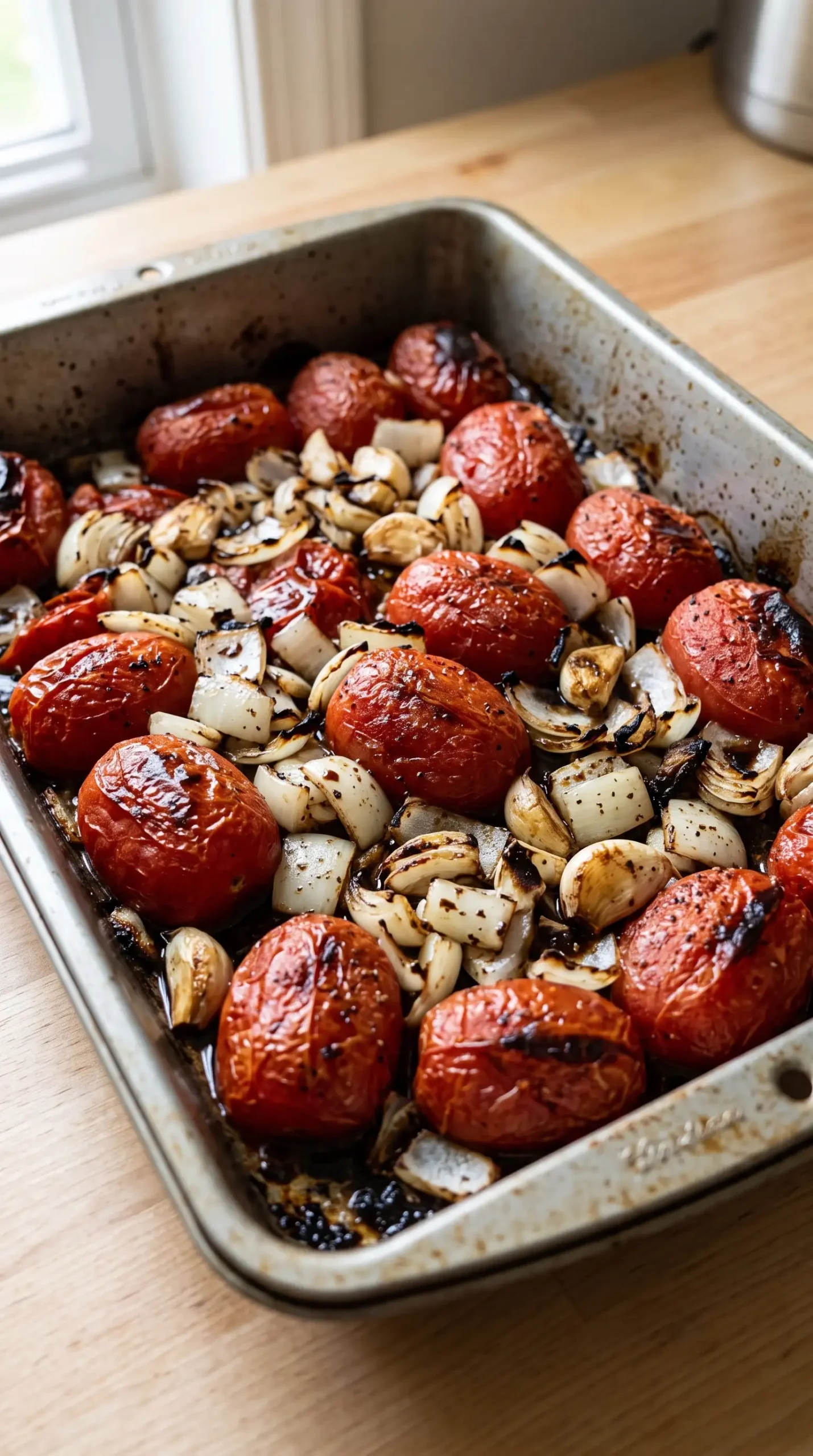 Roasted tomatoes, onion, and garlic in a baking pan for tomato balsamic soup